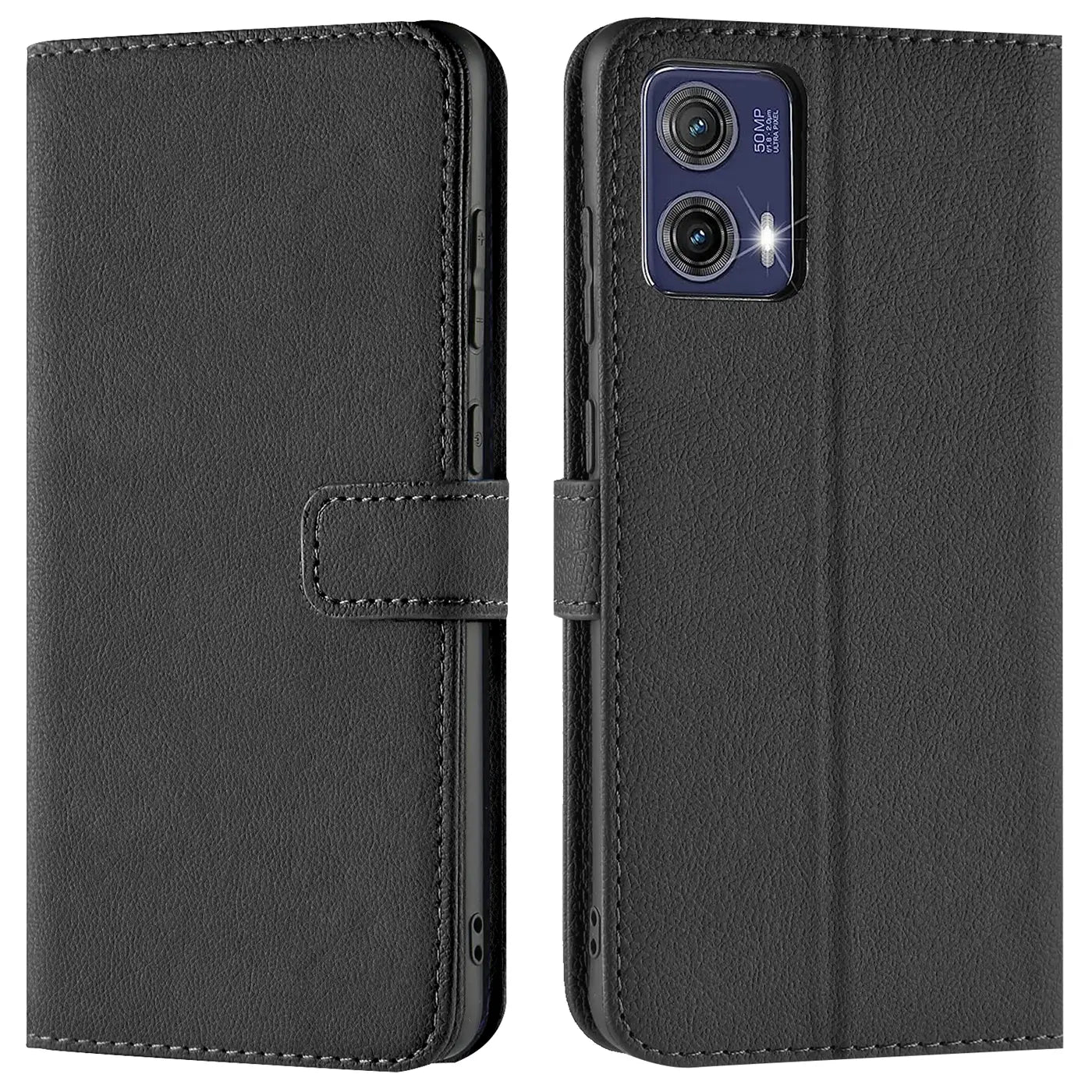 Schwarze Leder-Klapphülle mit Kartenfächern, Vorder- und Rückansicht, Motorola Moto G73 5G erkennbar.
