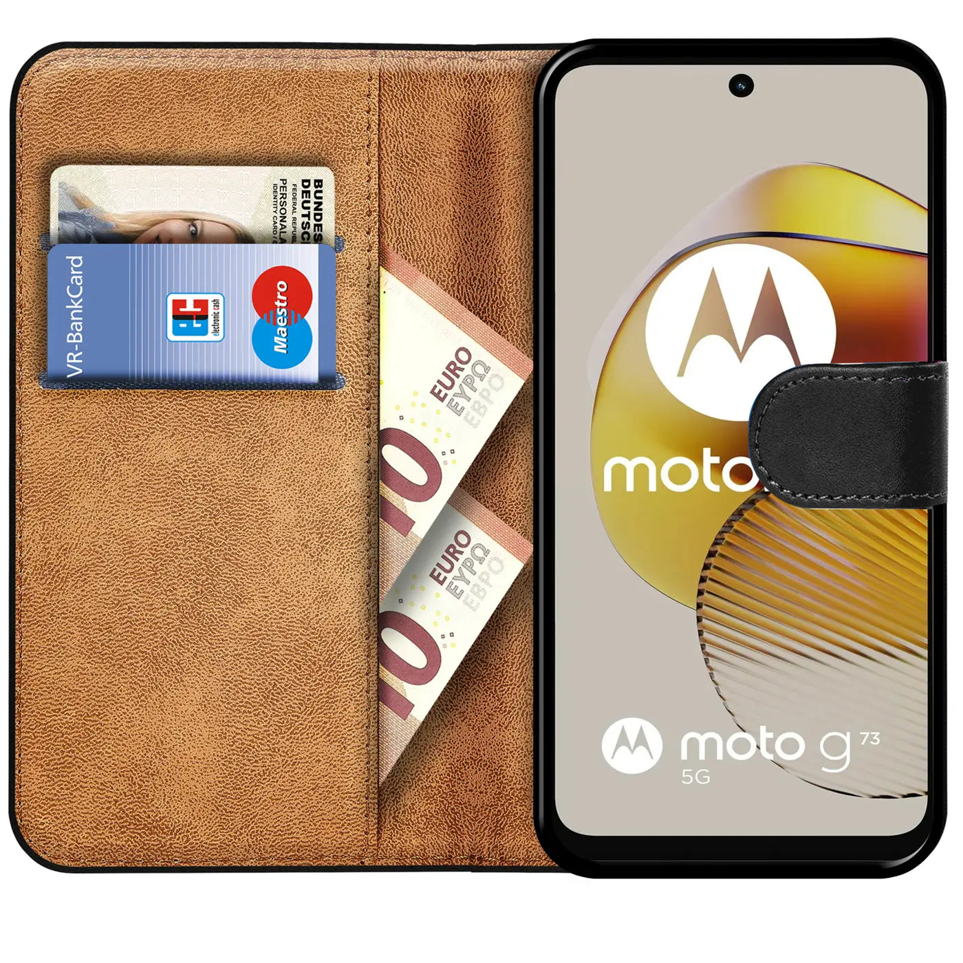 Braune Kunstleder-Klapphülle mit Kartenfächern und Geldscheinfach, zeigt Motorola Moto G73 5G.