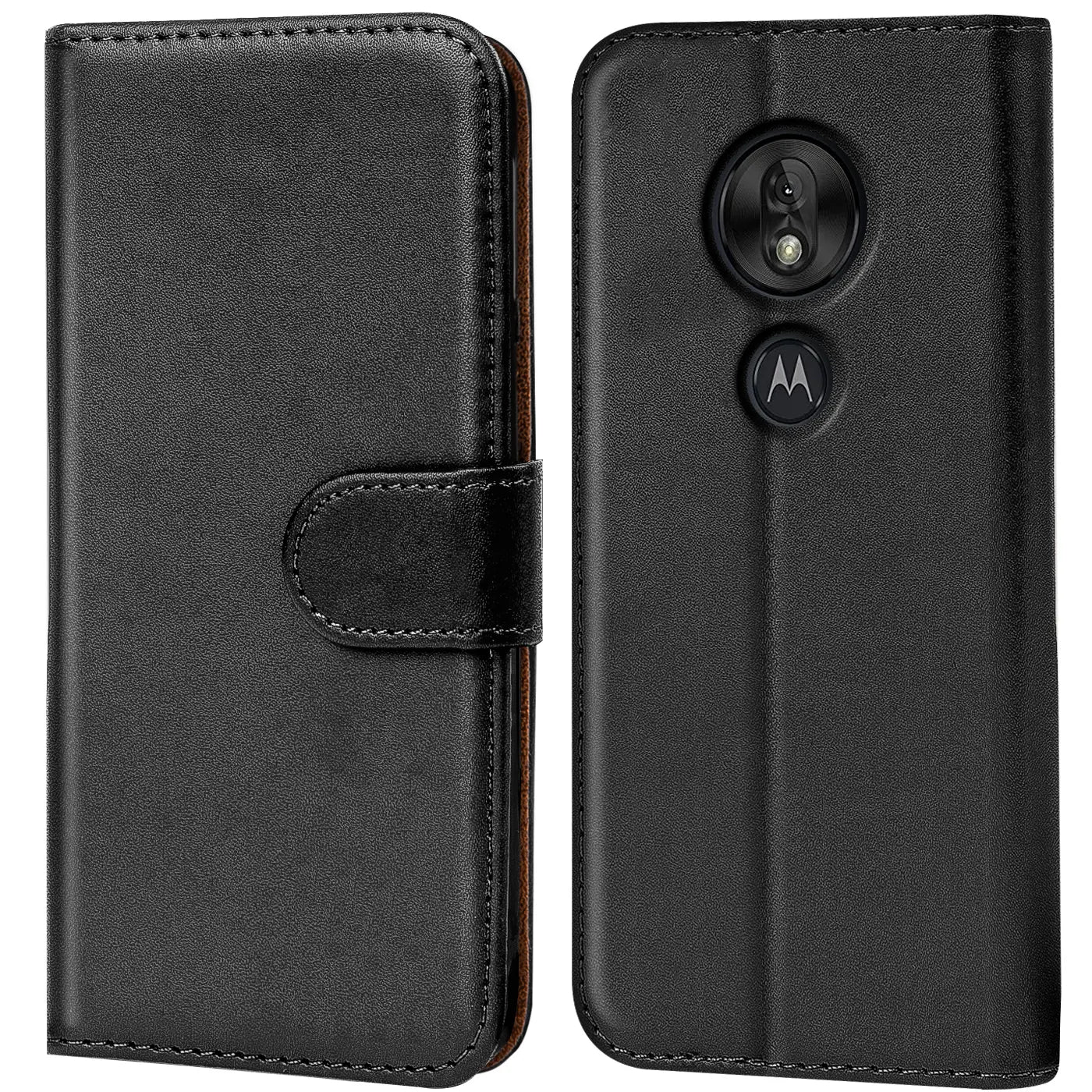 Schwarze Leder-Klapphülle mit Kartenfächern, zeigt Motorola Moto G7 Play.
