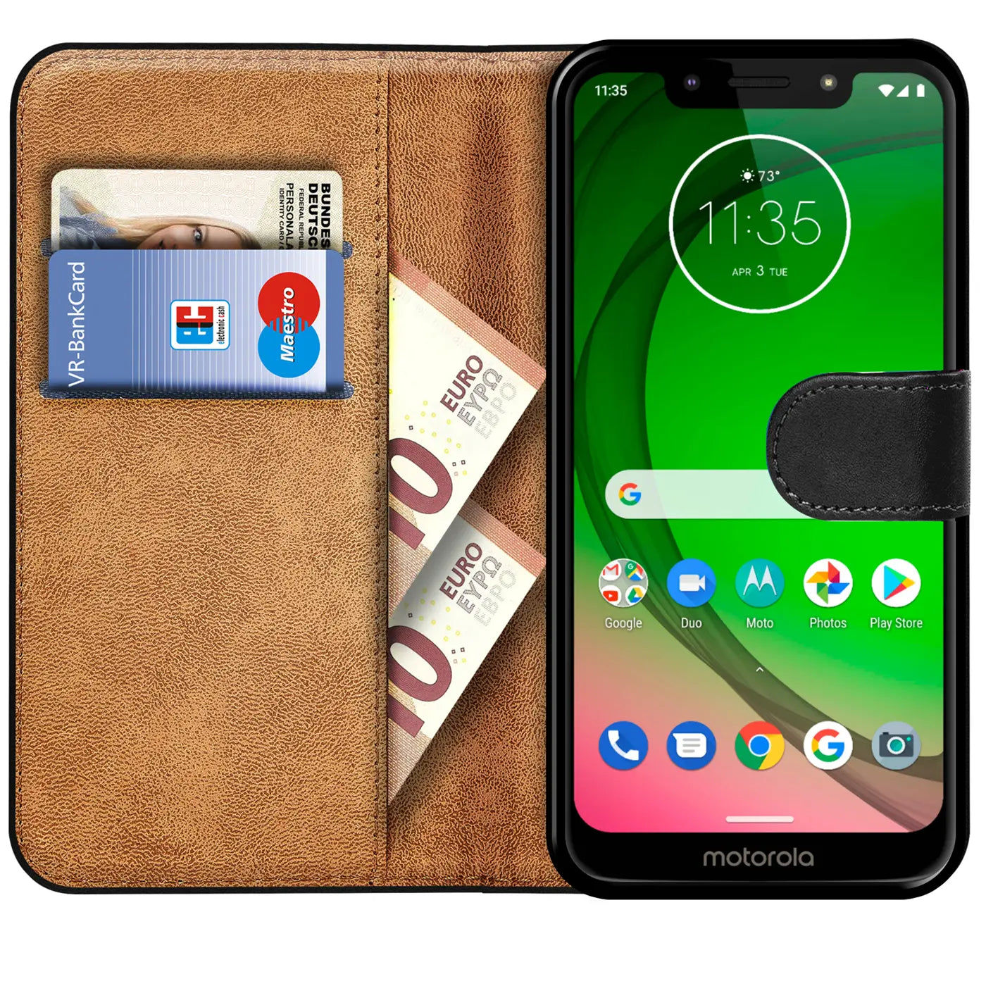 Braun Kunstleder Klapphülle mit Kartenfächern, Motorola Moto G7 Play, Frontal