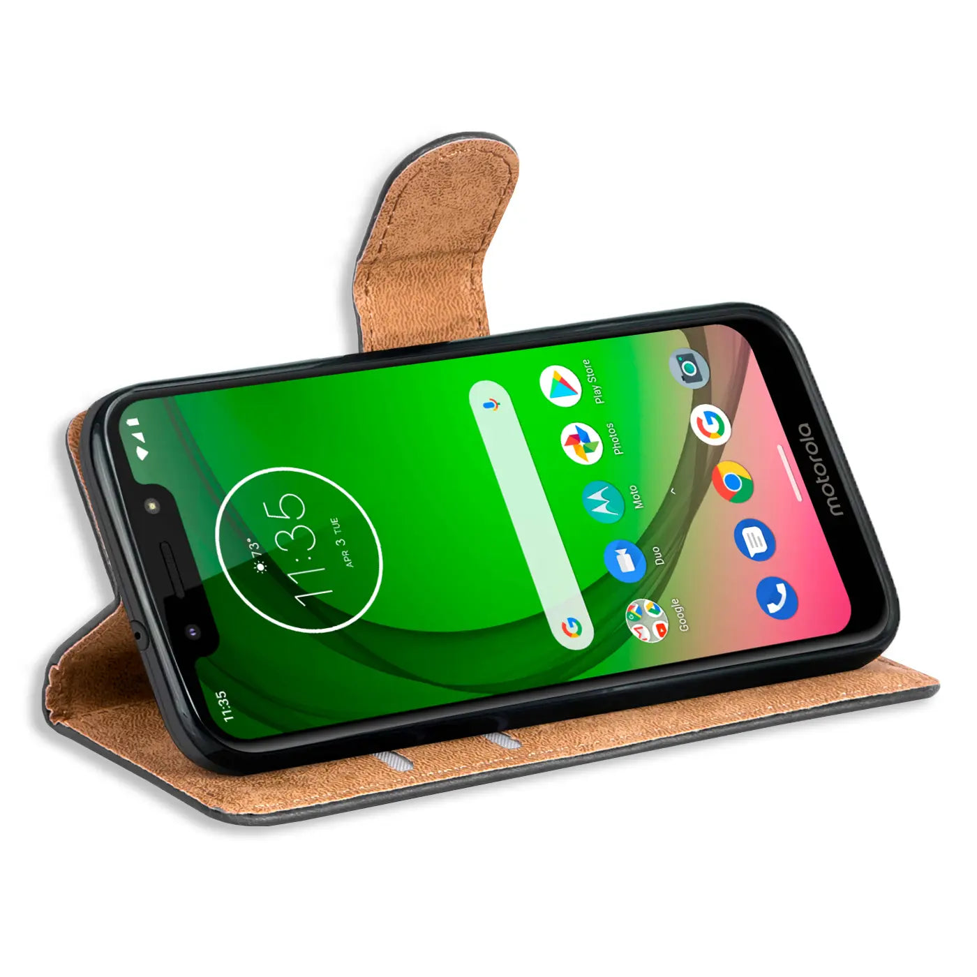 Braun lederne Klapphülle mit Kartenfächern, Motorola Moto G7 Play, Seitenansicht
