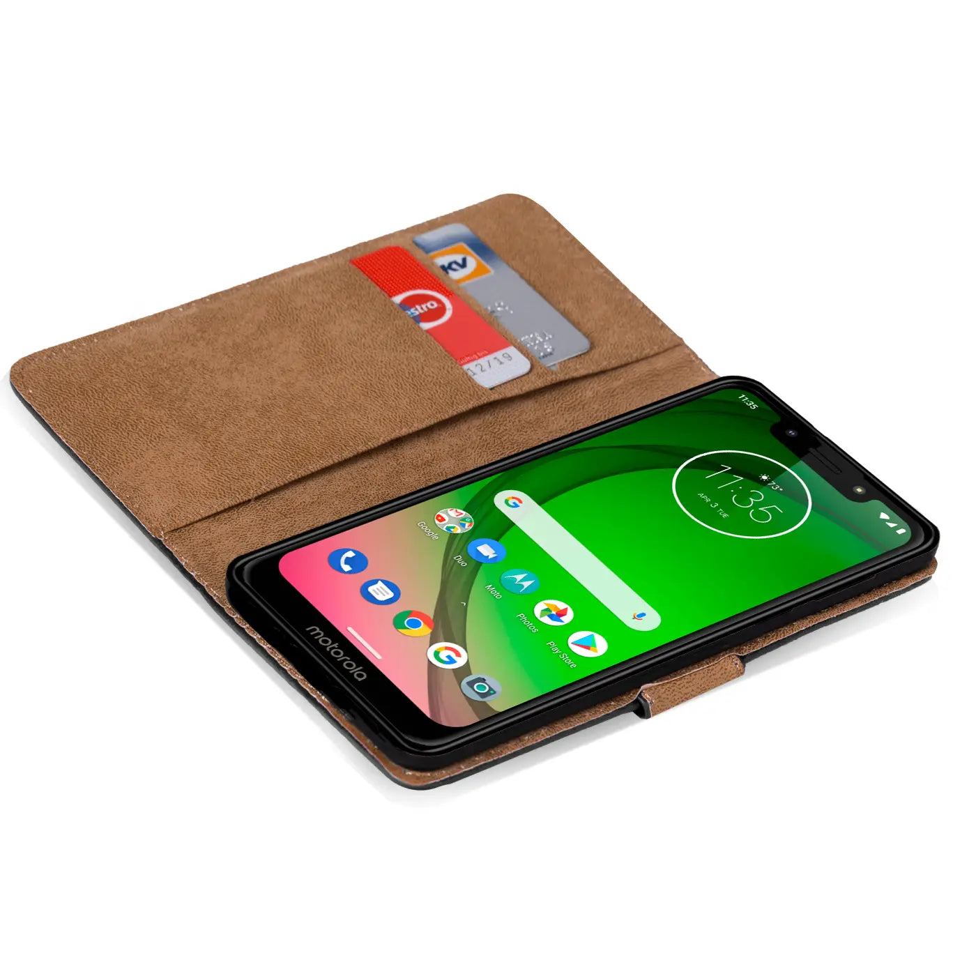 Braune Kunstleder-Klapphülle mit Kartenfächern, zeigt Motorola Moto G7 Play, von oben.