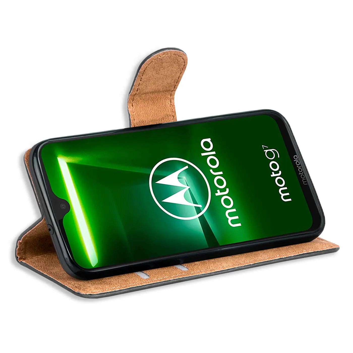 Braune Kunstleder-Klapphülle mit Kartenfächern für Motorola Moto G7 Power, Seitenansicht.