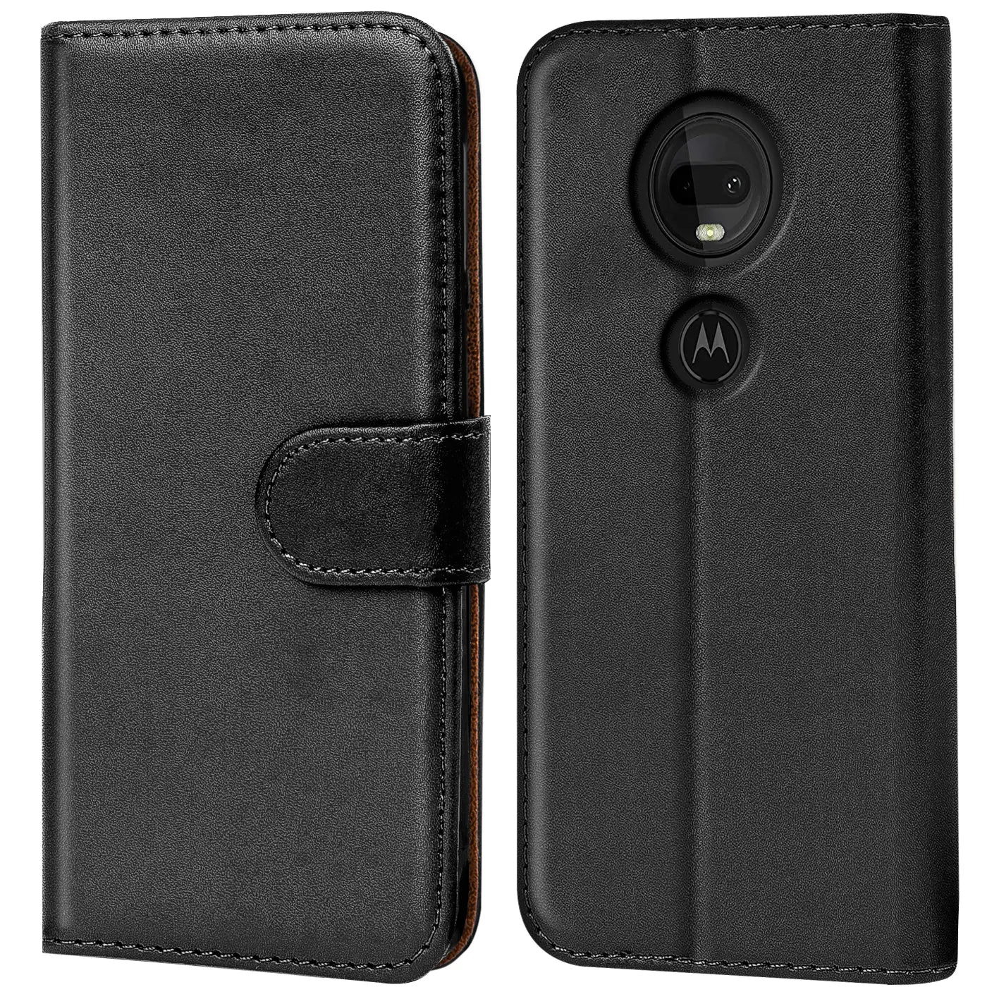 Schwarze Leder-Klapphülle mit Kartenfächern, Vorder- und Rückansicht, Motorola Moto G7 / G7 Plus erkennbar.