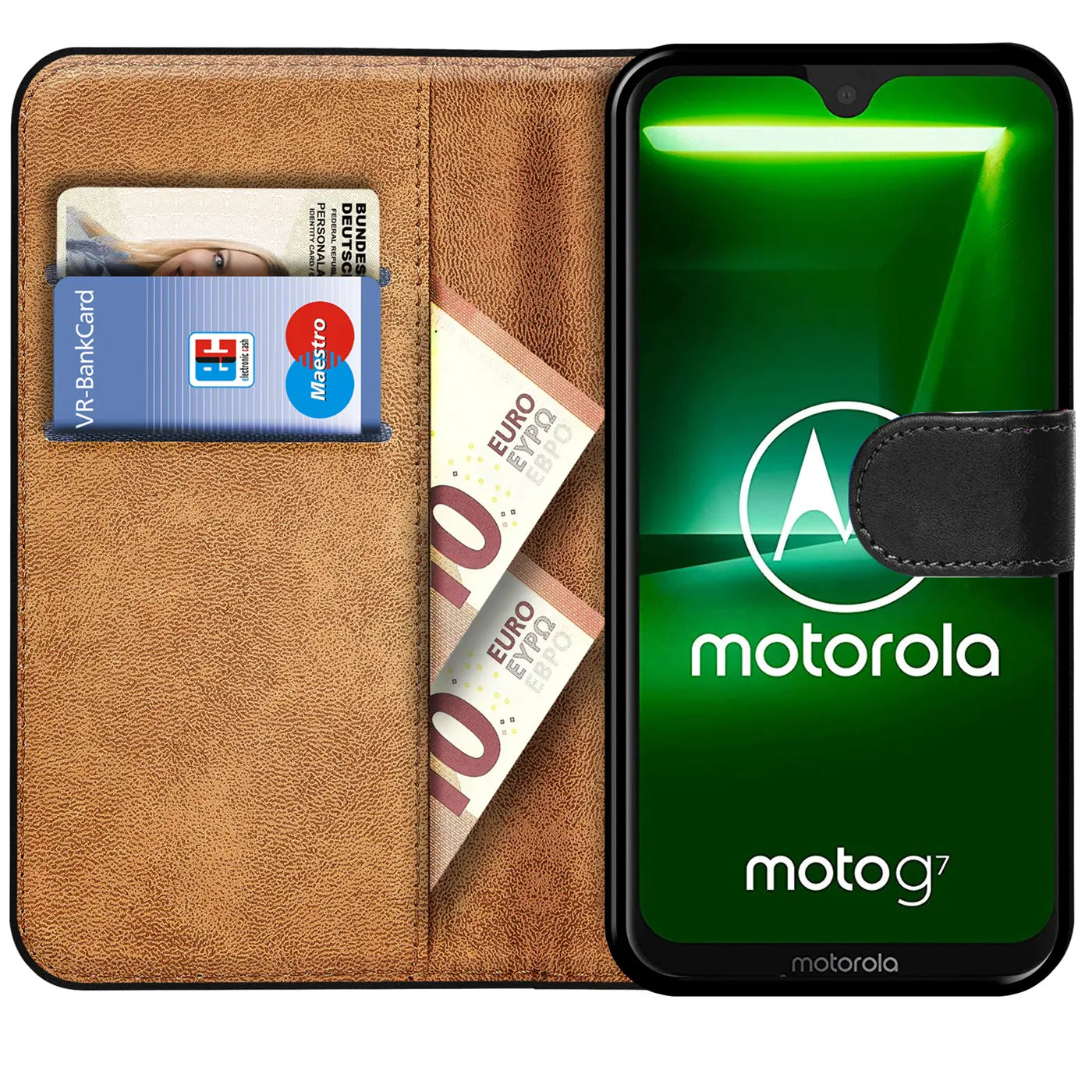 Braune Kunstleder-Klapphülle mit Kartenfächern, zeigt Motorola Moto G7.