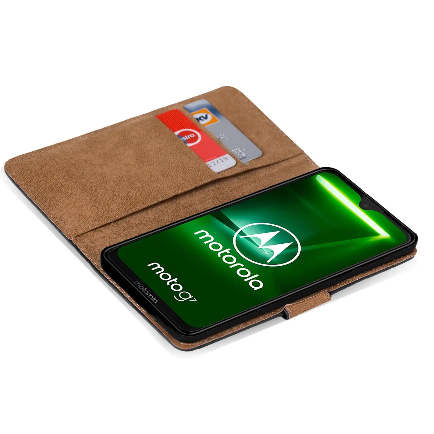 Braune Klapphülle aus Leder mit Kartenfächern, zeigt Motorola Moto G7.