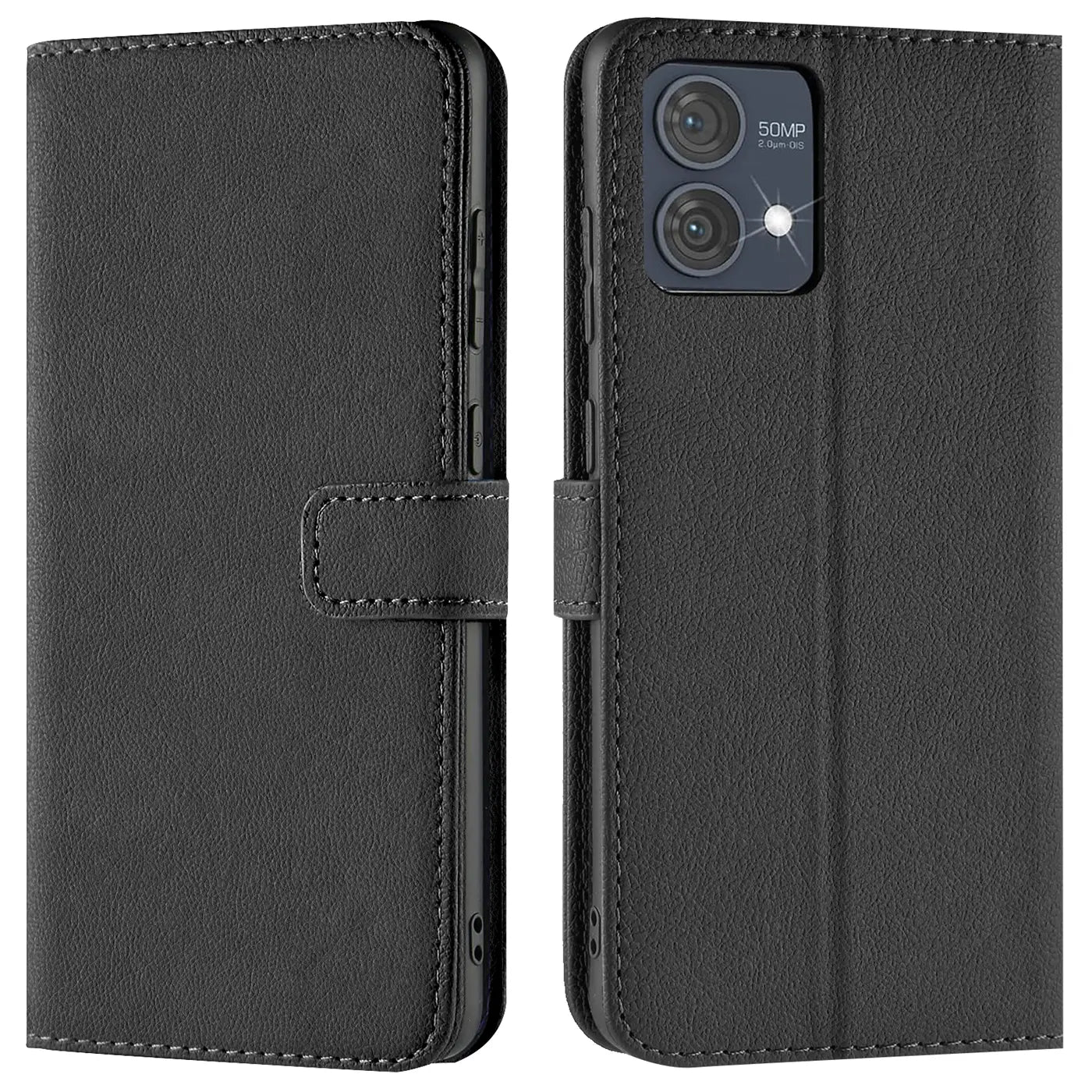Schwarze Leder-Klapphülle mit Kartenfächern, Vorder- und Rückansicht, Motorola Moto G84 5G.