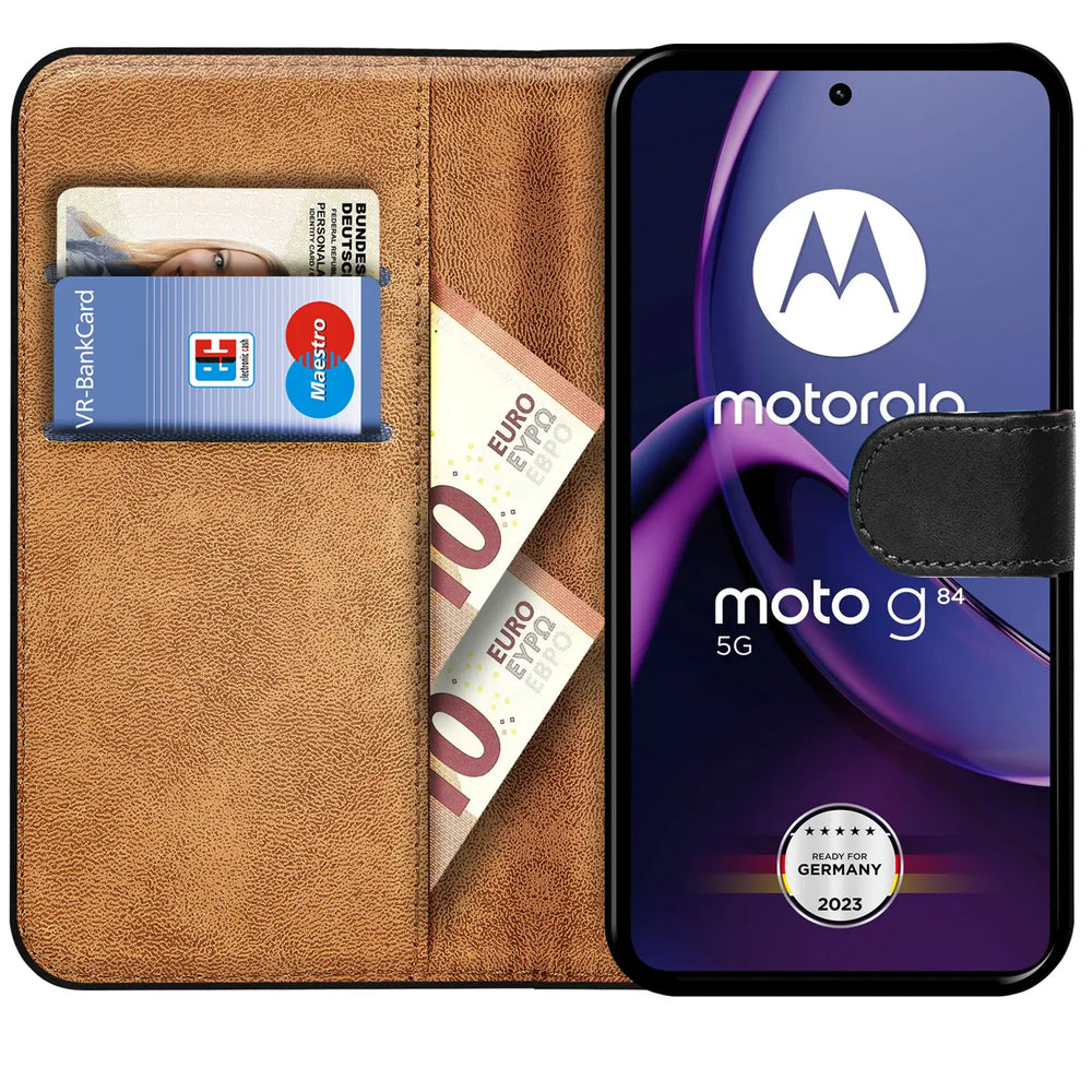 Motorola Moto G84 5G Klapphülle in Schwarz mit Kartenfächern und Schutz