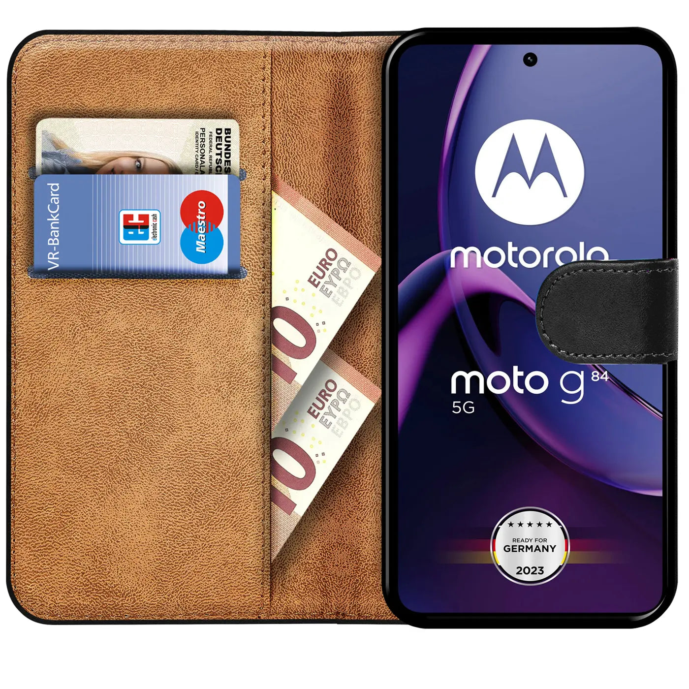 Braune Leder-Klapphülle mit Kartenfächern und Motorola Moto G84 5G, von vorne