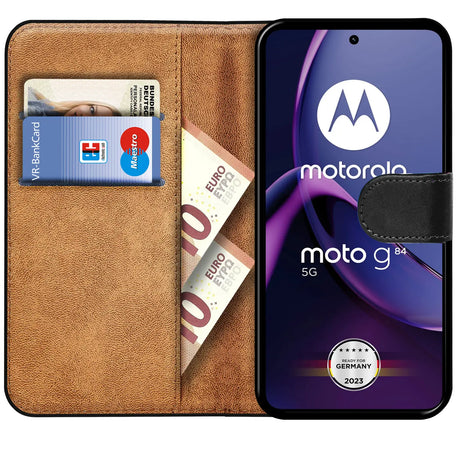 Motorola Moto G84 5G Klapphülle in Schwarz mit Kartenfächern und Schutz