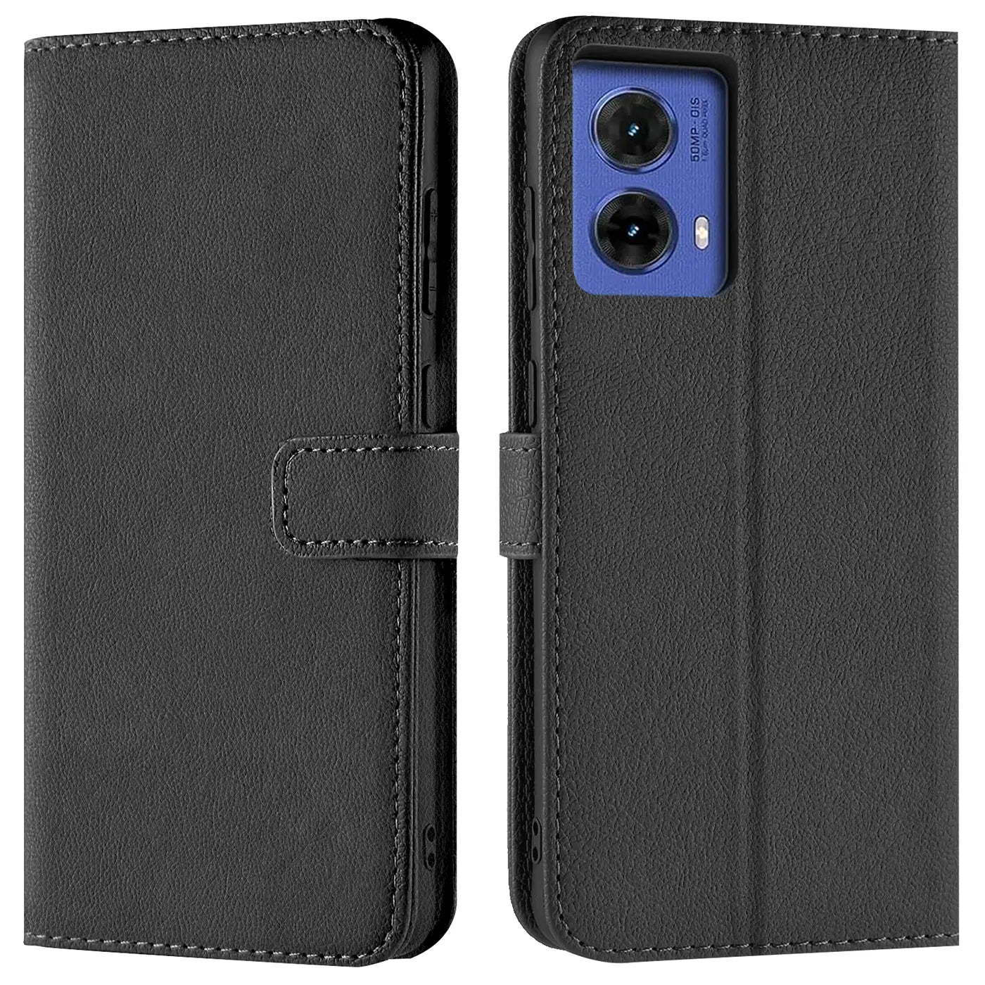 Schwarze Leder-Klapphülle mit Kartenfächern, zeigt Motorola Moto G85 5G von vorne und hinten.