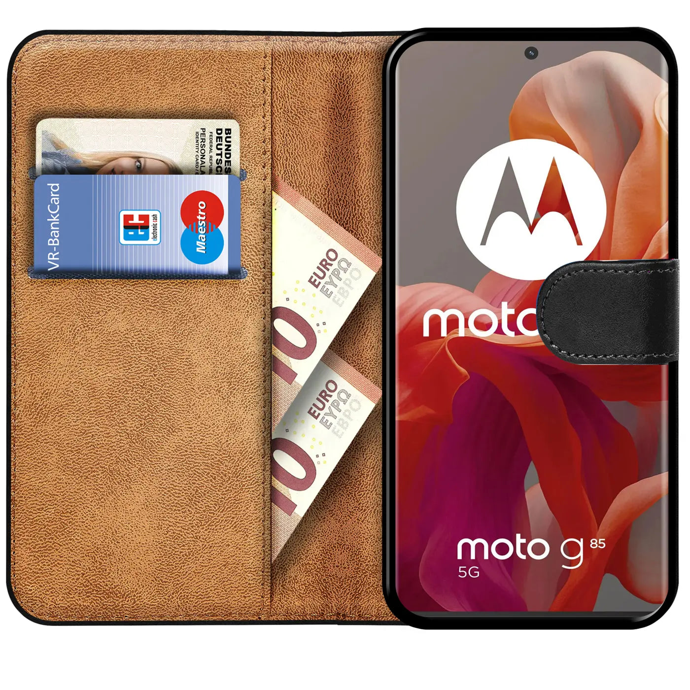 Braune Kunstleder-Klapphülle mit Kartenfächern und Motorola Moto G85 5G, von vorne.
