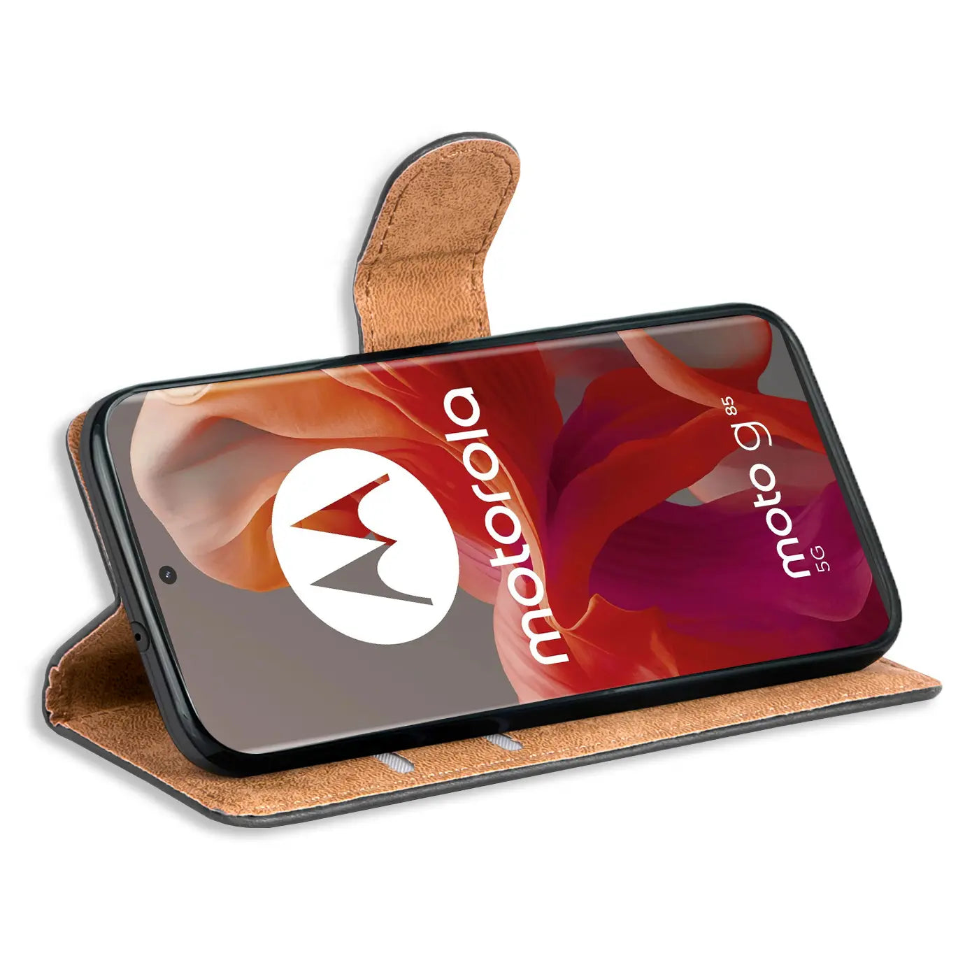 Braune Leder-Klapphülle mit Motorola Moto G85 5G, Seitenansicht.