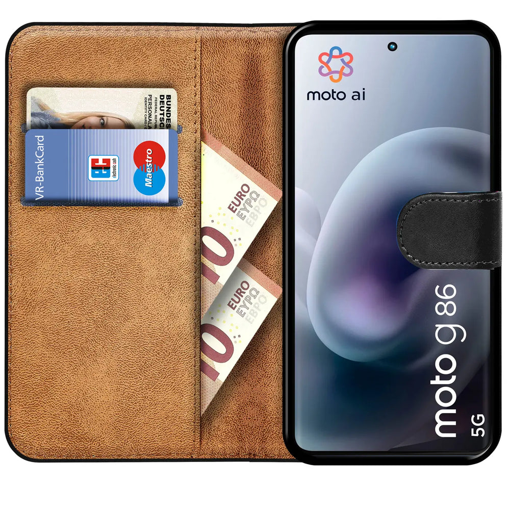 Motorola Moto G86 5G Klapphülle in Schwarz mit Kartenfächern und Schutz