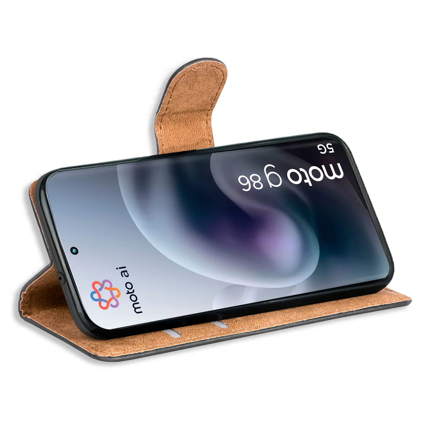 Braune Leder-Klapphülle mit Kartenfächern, Seitenansicht, zeigt Motorola Moto G86 5G.