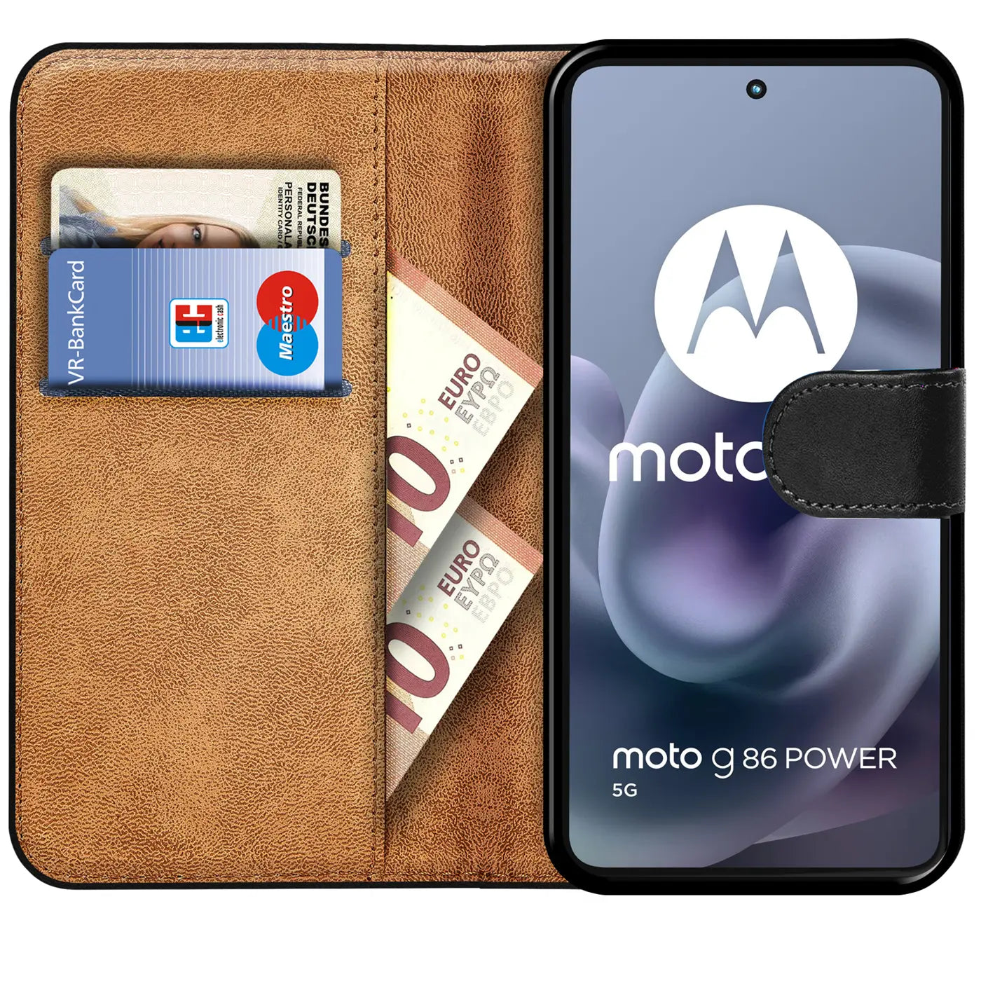 Braun lederne Klapphülle mit Kartenfächern, zeigt Motorola Moto G86 Power 5G.