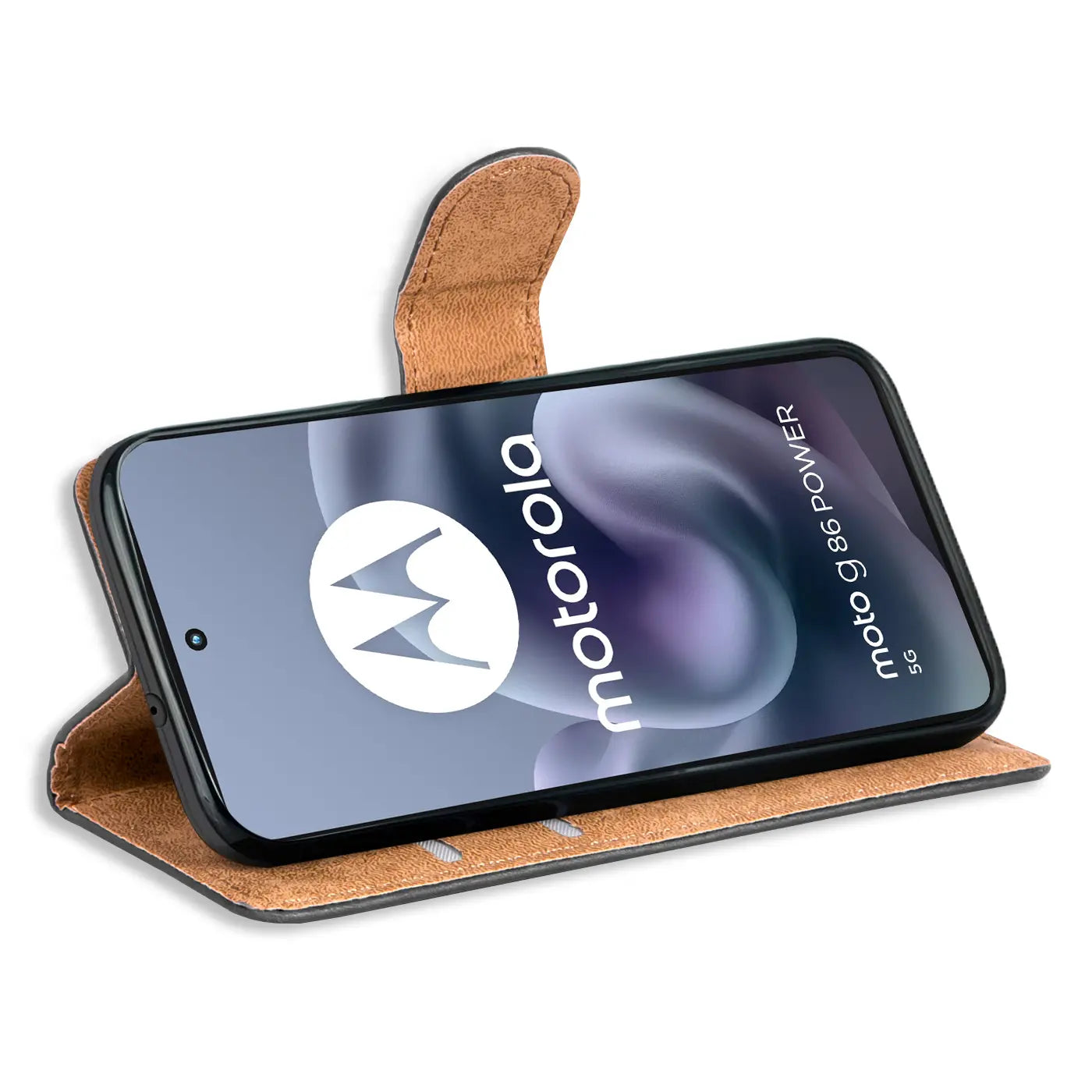 Braune Kunstleder-Klapphülle mit Kartenfächern, zeigt Motorola Moto G86 Power 5G.