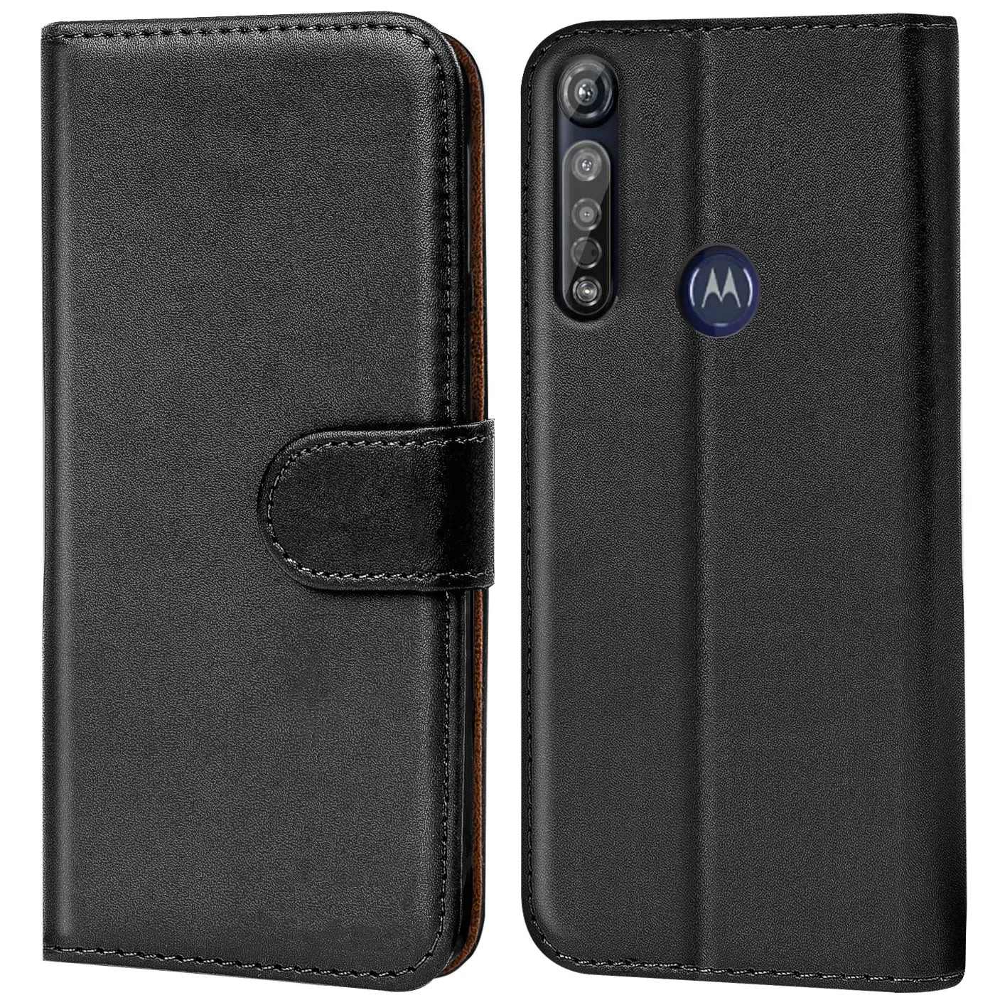 Schwarze Leder-Klapphülle mit Kartenfächern, Vorder- und Rückansicht, Motorola Moto G8 Plus.