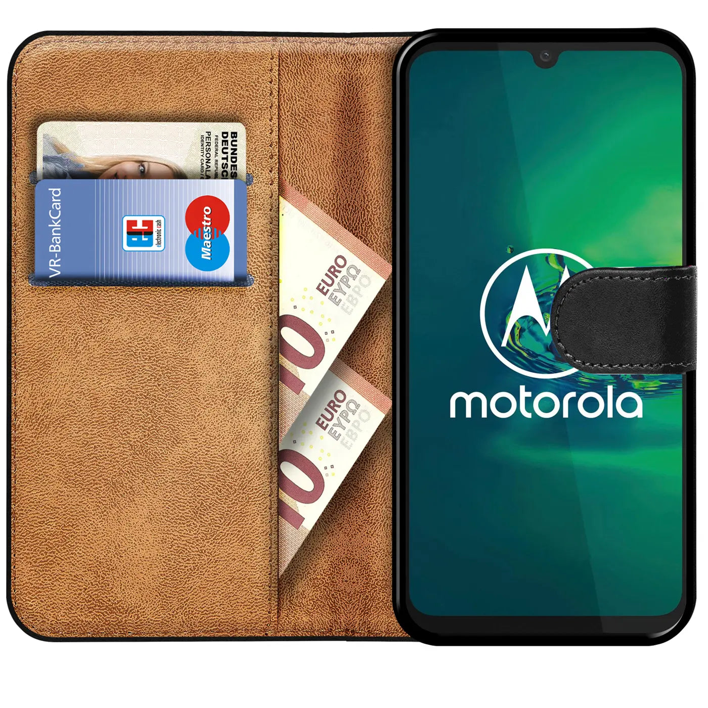 Braun Kunstleder Klapphülle mit Kartenfächern, Motorola Moto G8 Plus, von vorn