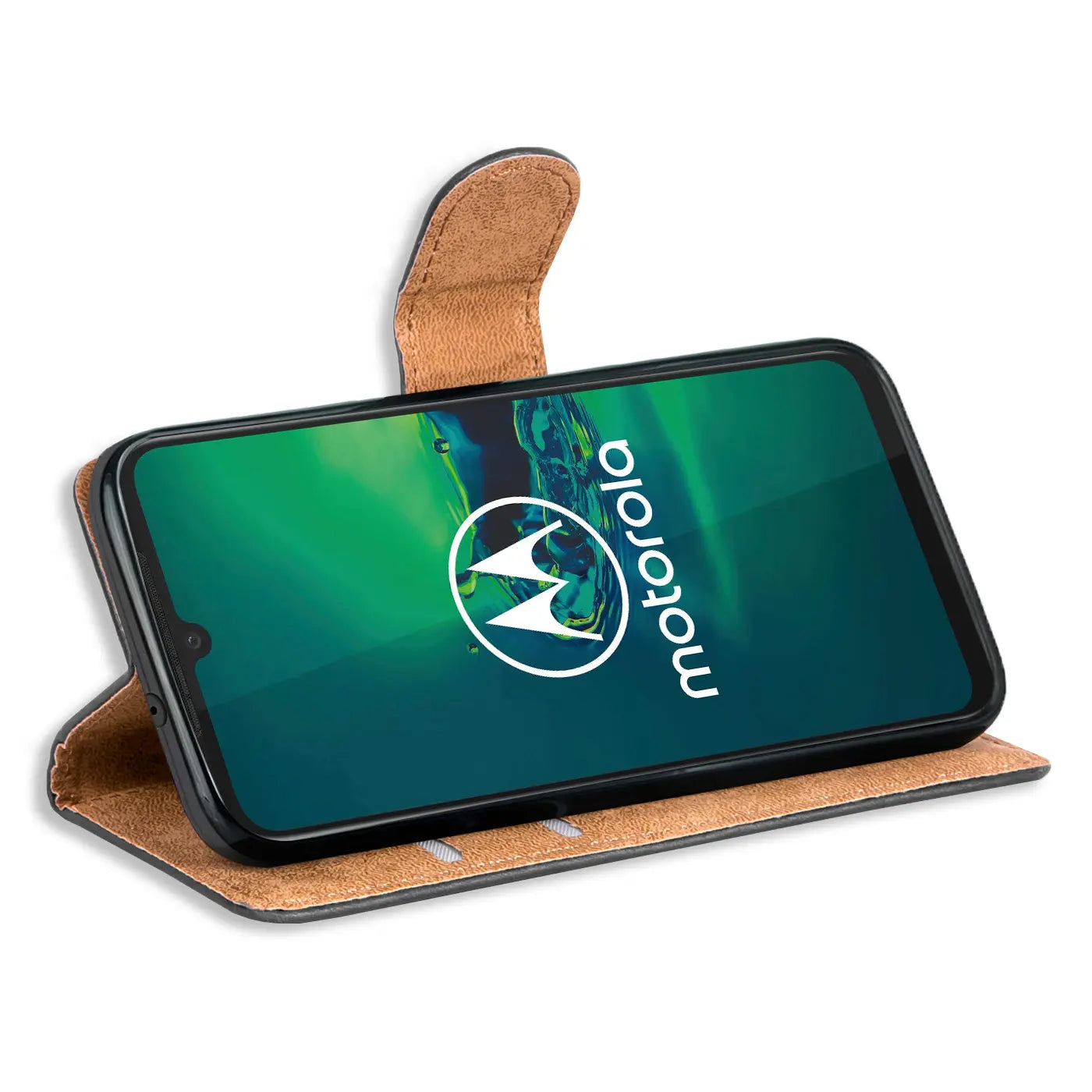 Braune Leder-Klapphülle mit Kartenfächern, zeigt Motorola Moto G8 Plus, Seitenansicht.