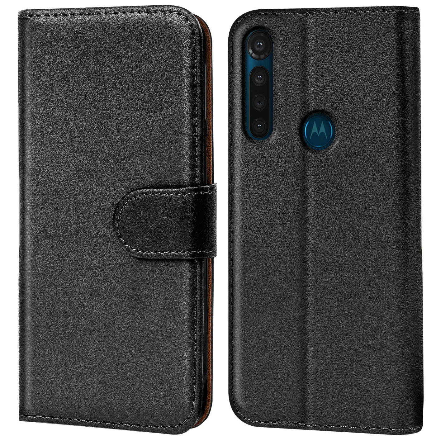 Schwarze Leder-Klapphülle mit Kartenfächern, Vorder- und Rückansicht, Motorola Moto G8 Power.