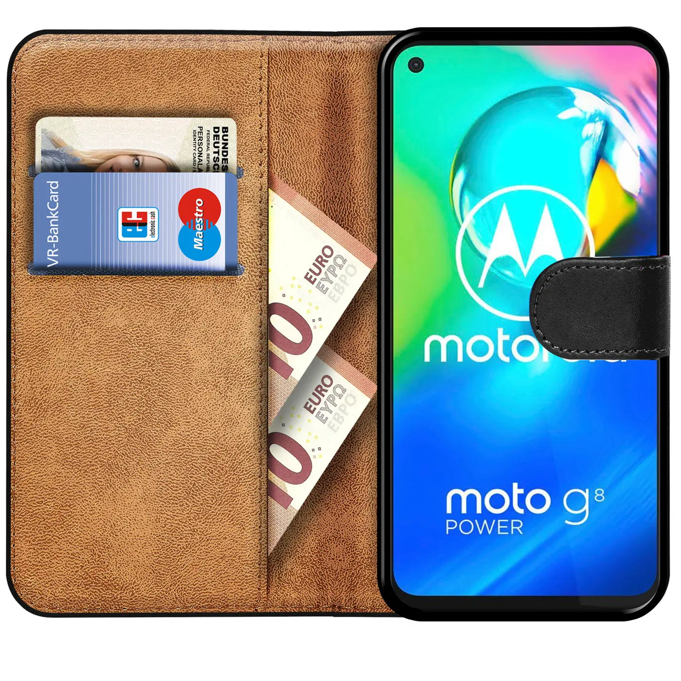 Braune Leder-Klapphülle mit Kartenfächern und Motorola Moto G8 Power von vorne.