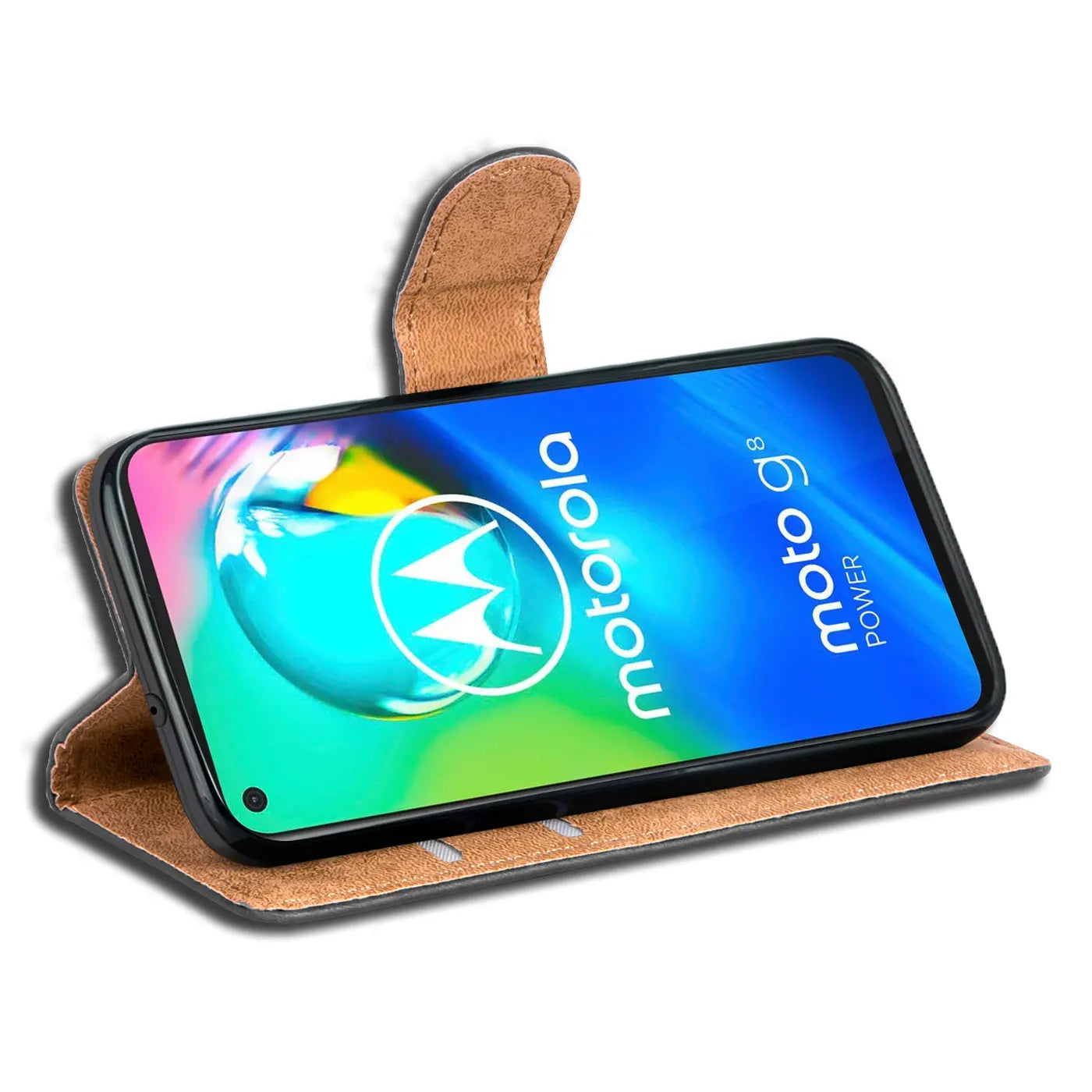 Braune Kunstleder-Klapphülle mit Kartenfächern, zeigt Motorola Moto G8 Power von vorne.