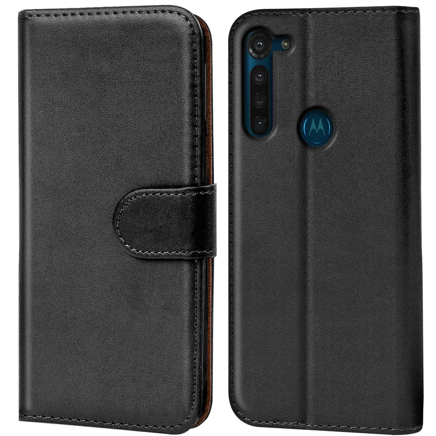 Schwarze Leder-Klapphülle mit Kartenfächern, Vorder- und Rückansicht, Motorola Moto G8