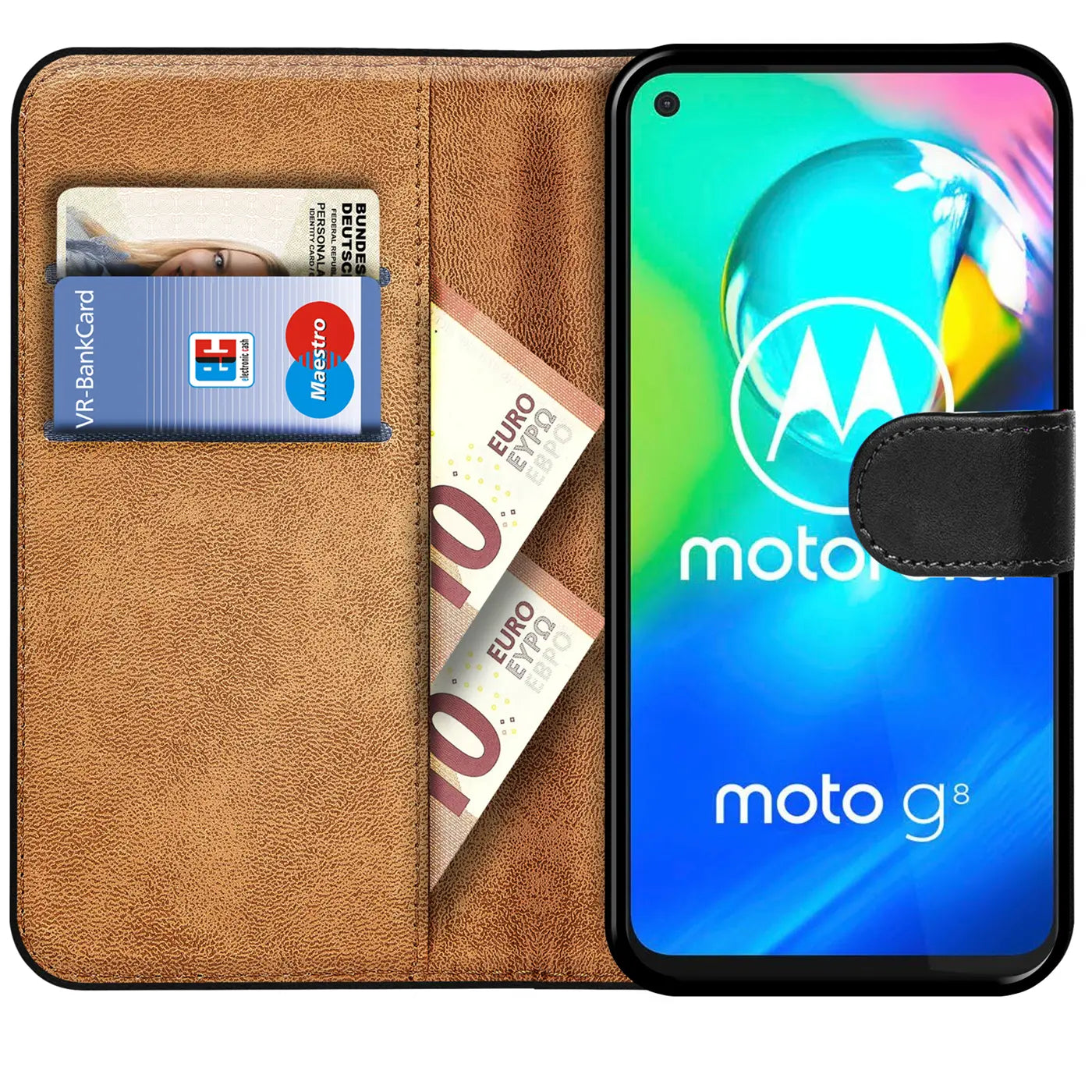 Braune Kunstleder-Klapphülle mit Kartenfächern, zeigt Motorola Moto G8.