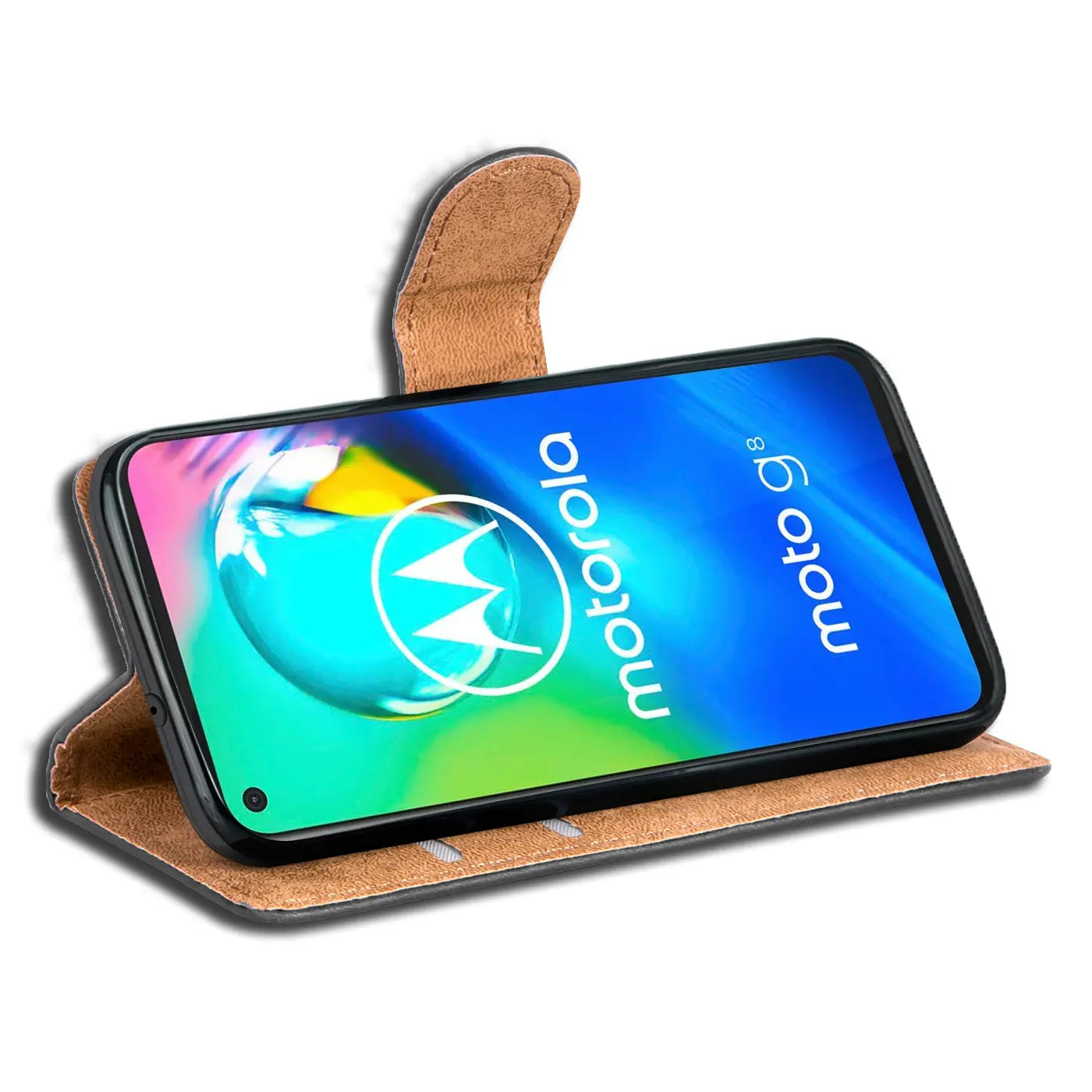 Braun Leder Klapphülle mit Kartenfächern, Motorola Moto G8, Seitenansicht