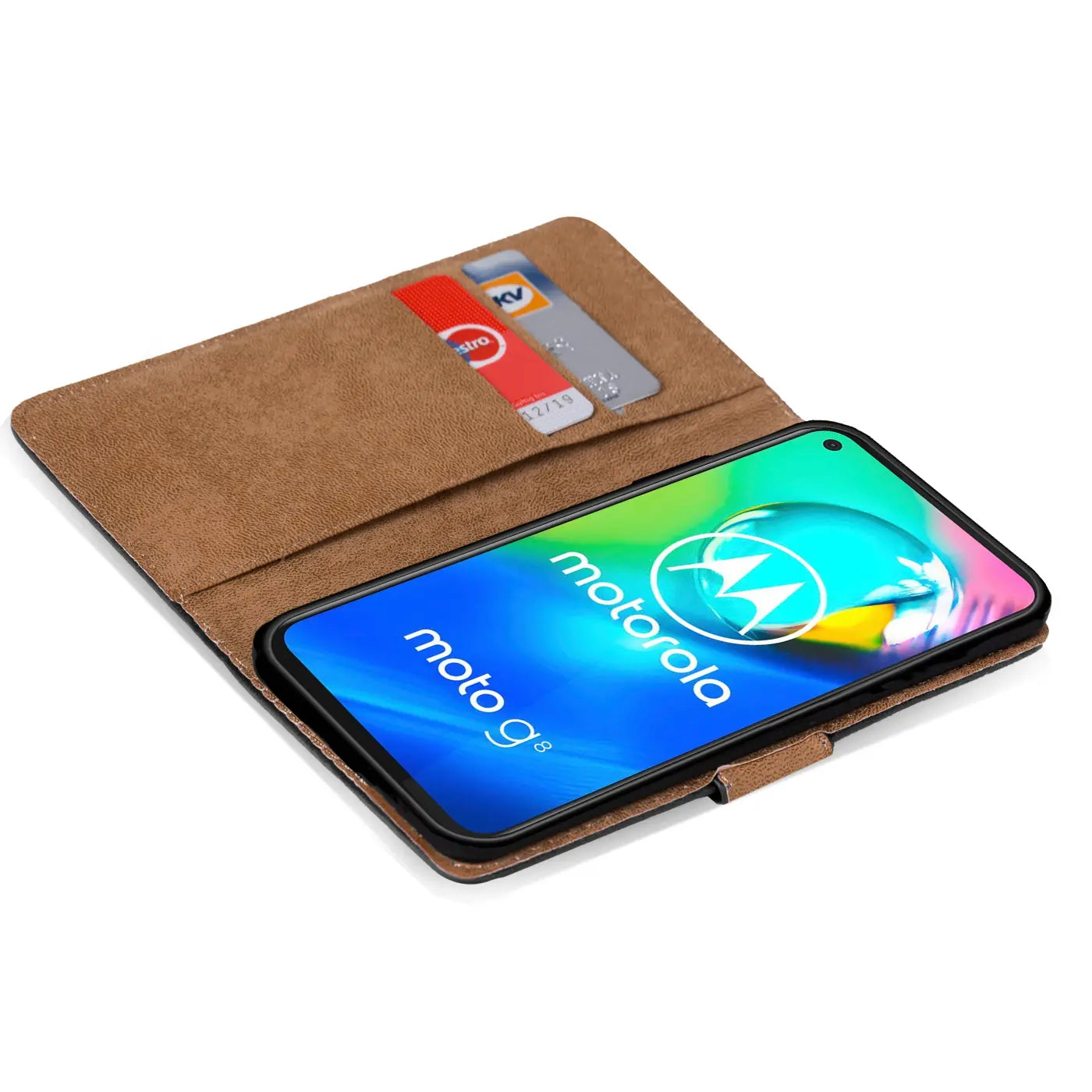 Braune Kunstleder-Klapphülle mit Kartenfächern, Motorola Moto G8 von oben.