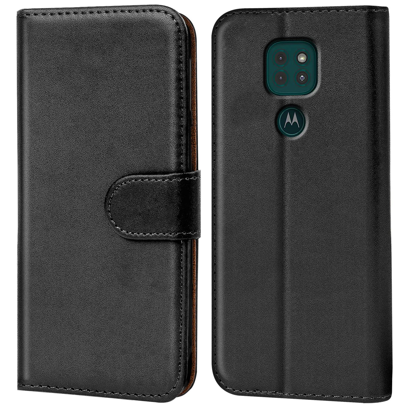 Schwarze Leder-Klapphülle mit Kartenfächern, Vorder- und Rückansicht, Motorola Moto G9 Play.