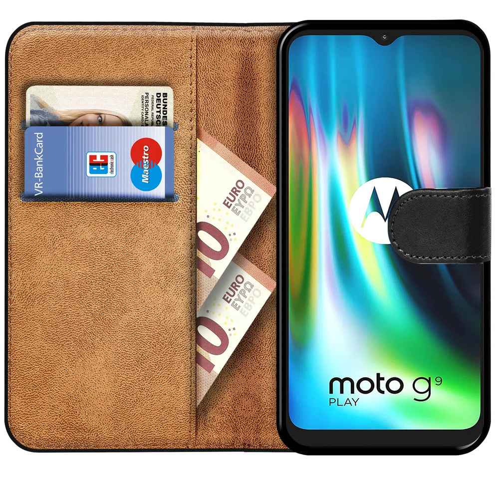 Motorola Moto G9 Play Klapphülle in Schwarz mit Kartenfächern und Schutz