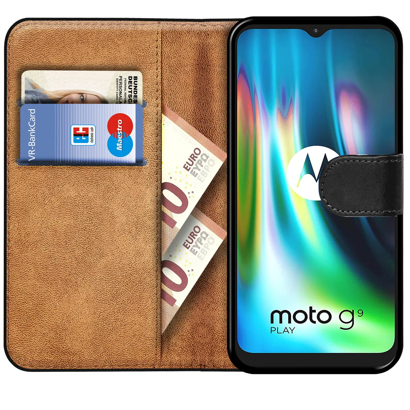 Braune Kunstleder-Klapphülle mit Kartenfächern und Motorola Moto G9 Play.