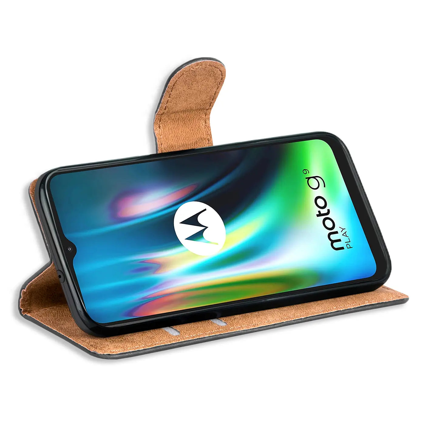 Braune Klapphülle aus Lederimitat mit Motorola Moto G9 Play, von vorne.
