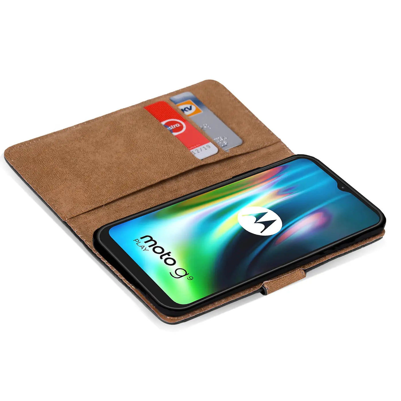 Braune Kunstleder-Klapphülle mit Kartenfächern, zeigt Motorola Moto G9 Play von oben.