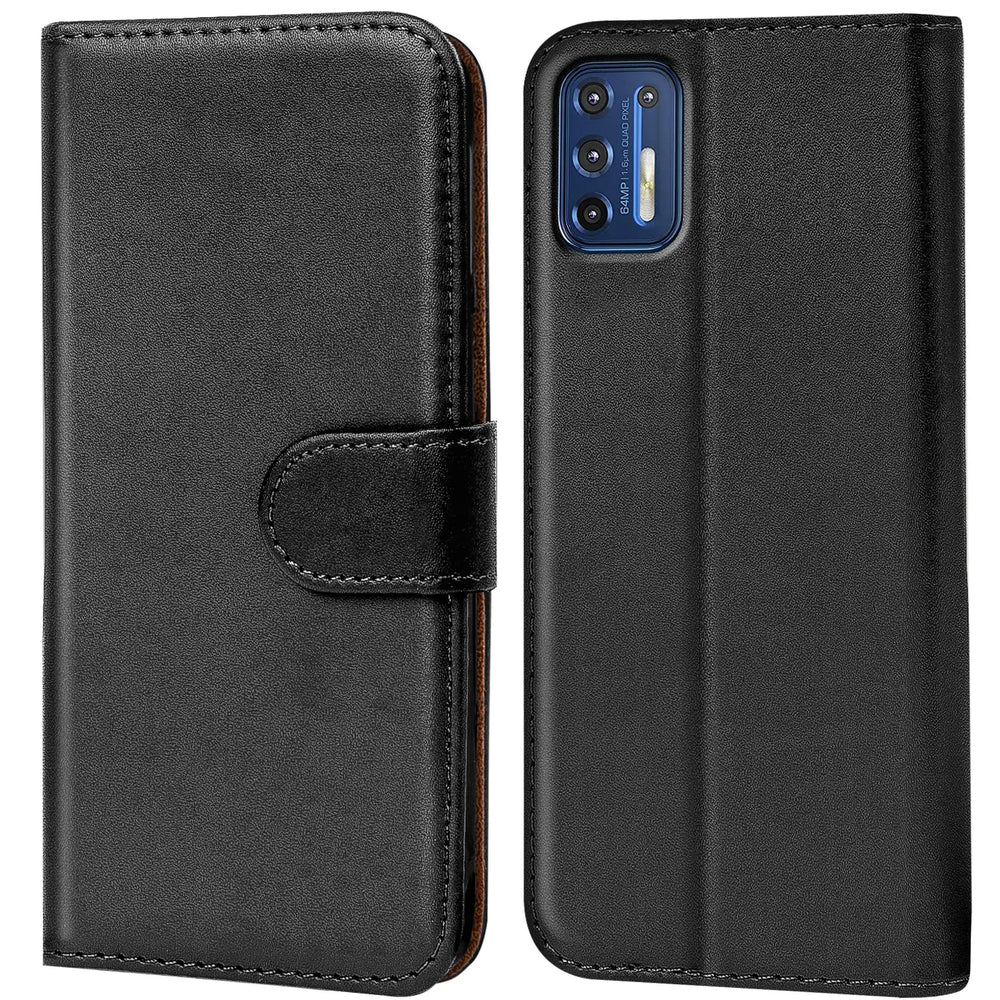 Schwarze Leder-Klapphülle, offen und geschlossen, für Motorola Moto G9 Plus.