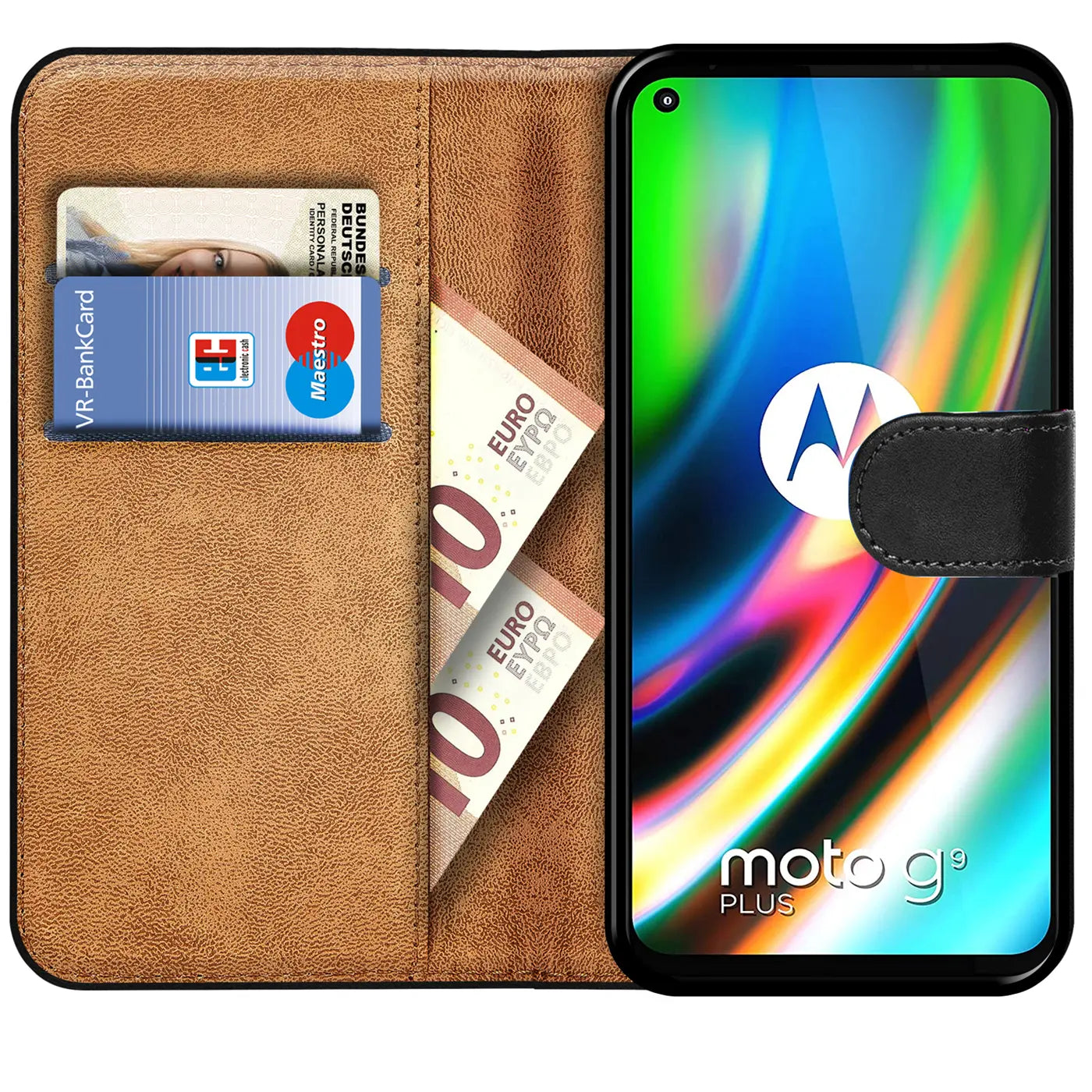 Braune Kunstleder-Klapphülle mit Kartenfächern, zeigt Motorola Moto G9 Plus.