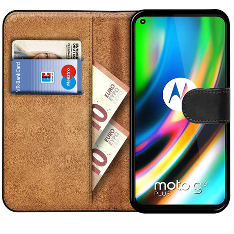 Motorola Moto G9 Plus Klapphülle in Schwarz mit Kartenfächern und Schutz