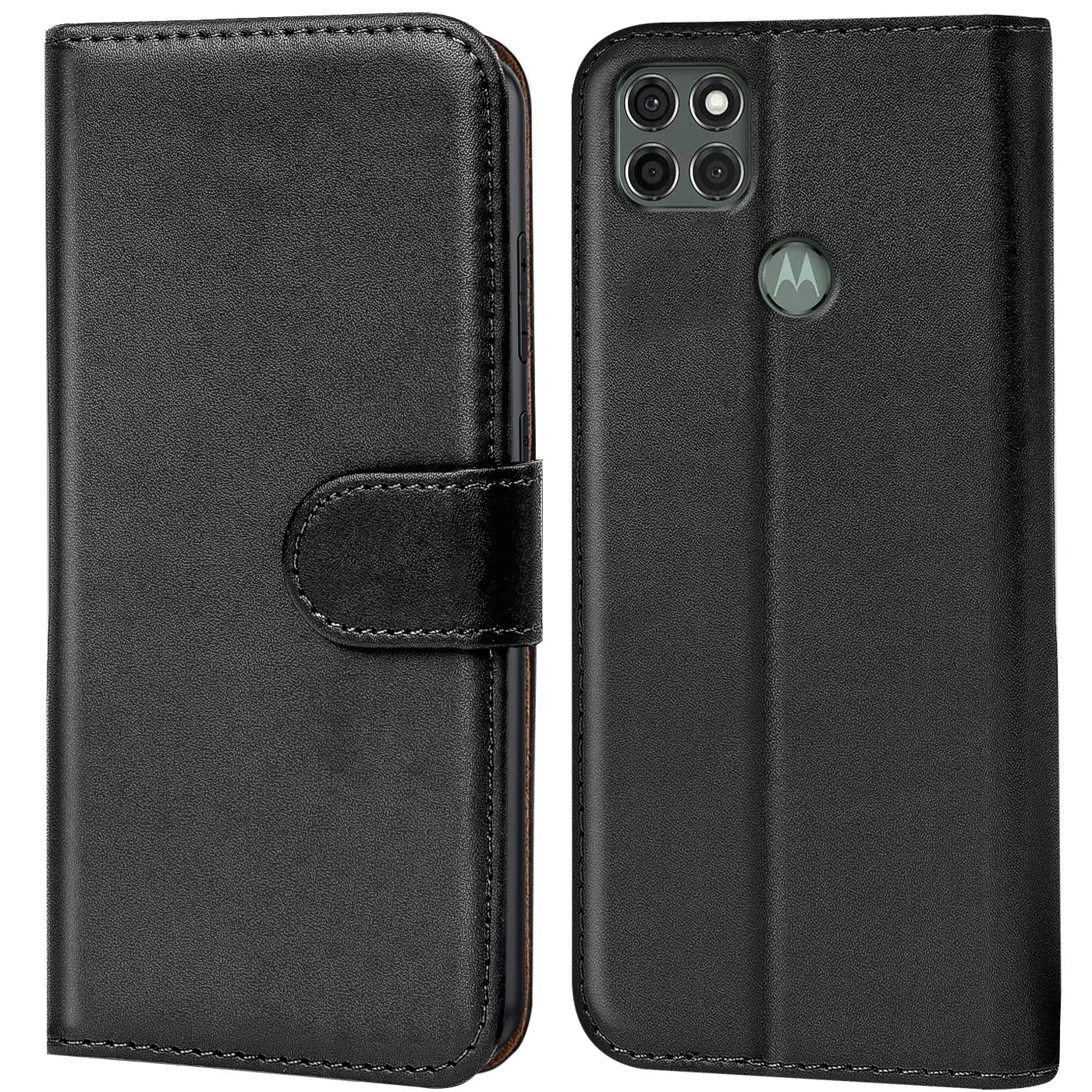 Schwarze Leder-Klapphülle mit Kartenfächern, Vorder- und Rückansicht, Motorola Moto G9 Power.