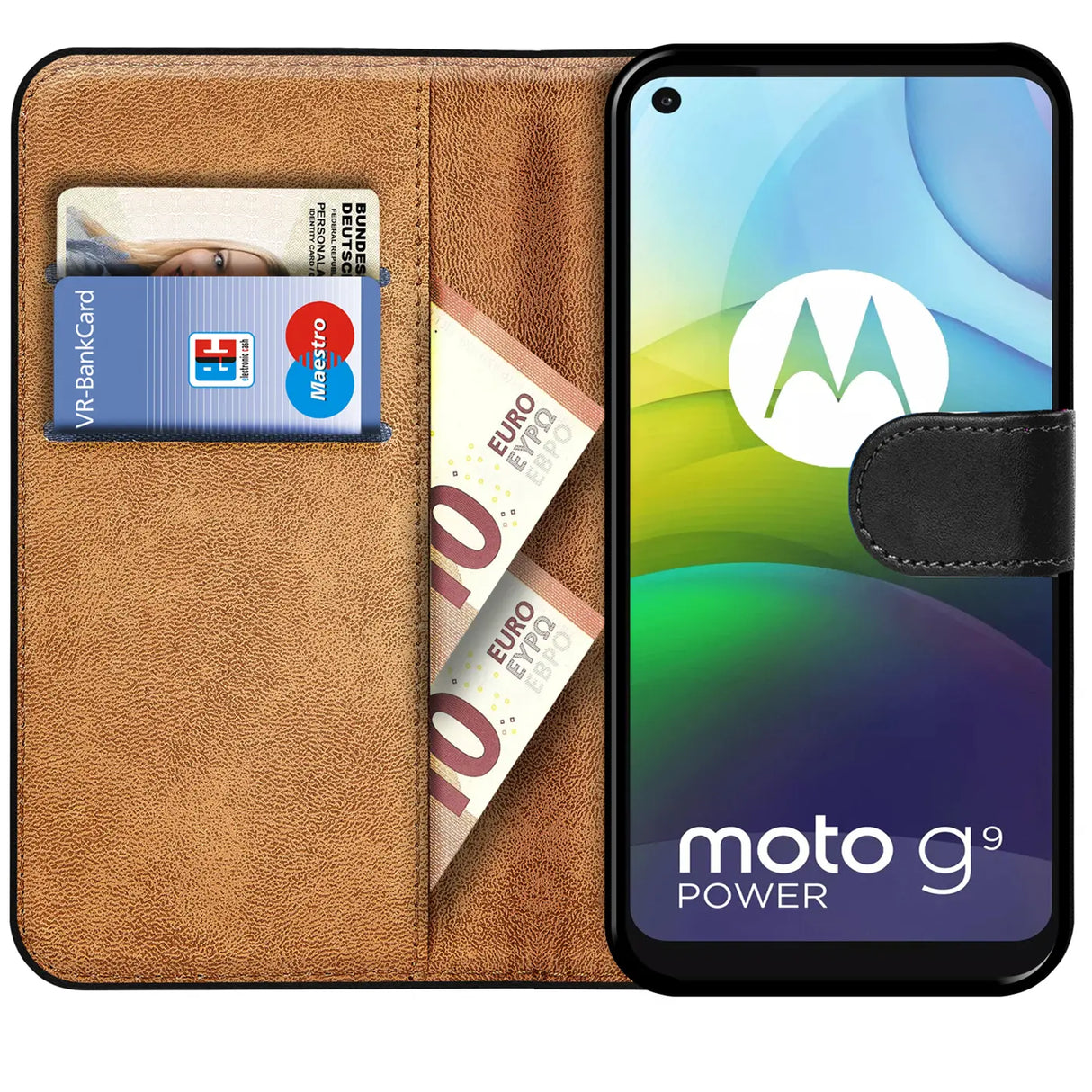 Motorola Moto G9 Power Klapphülle in Schwarz mit Kartenfächern und Schutz