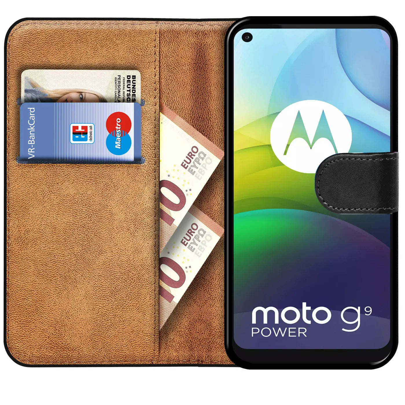 Braune Kunstleder-Klapphülle mit Kartenfächern und Motorola Moto G9 Power.