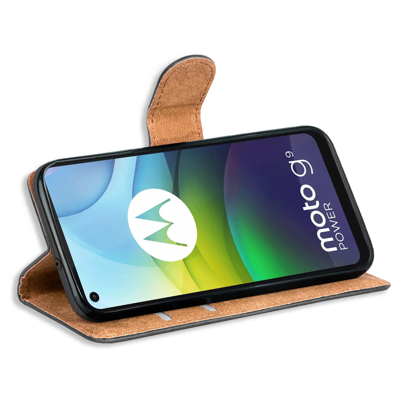 Braune Kunstleder-Klapphülle mit Kartenfächern, zeigt Motorola Moto G9 Power.