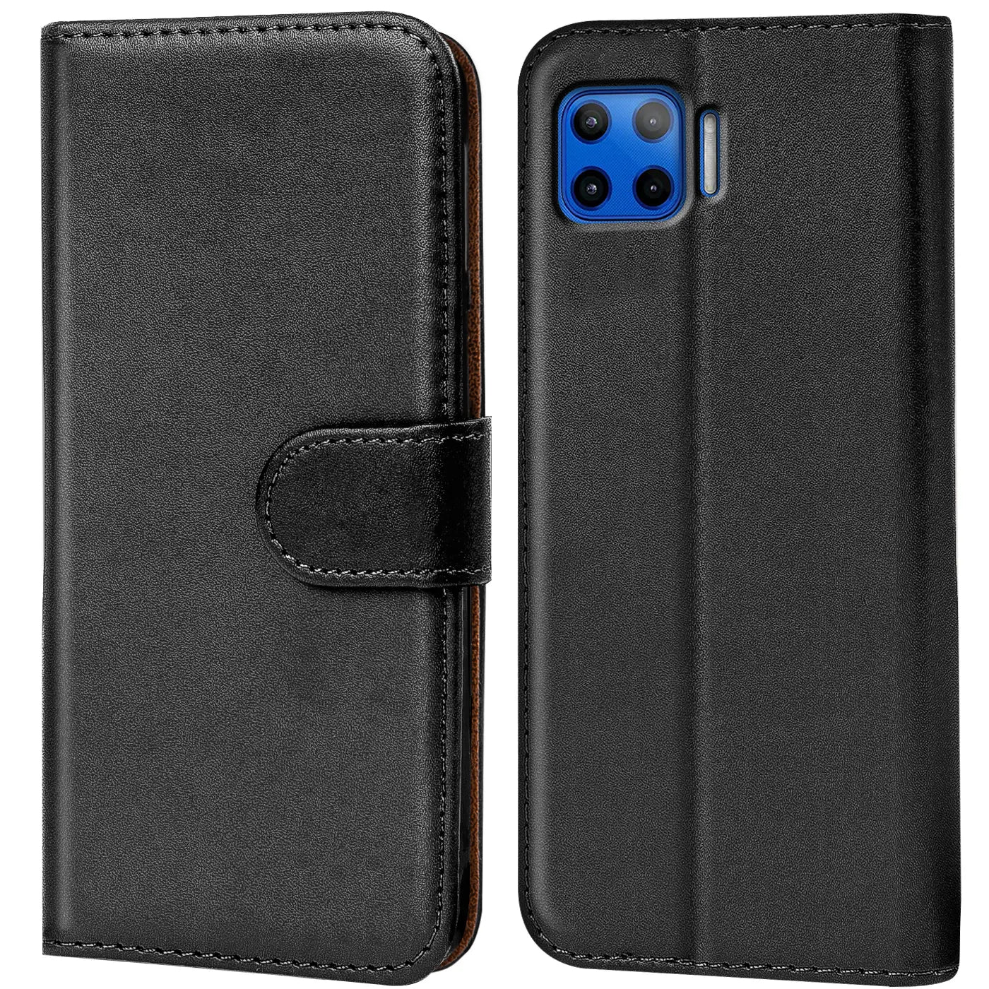 Schwarze Leder-Klapphülle mit Kartenfächern, Vorder- und Rückansicht, Motorola Moto G 5G Plus.
