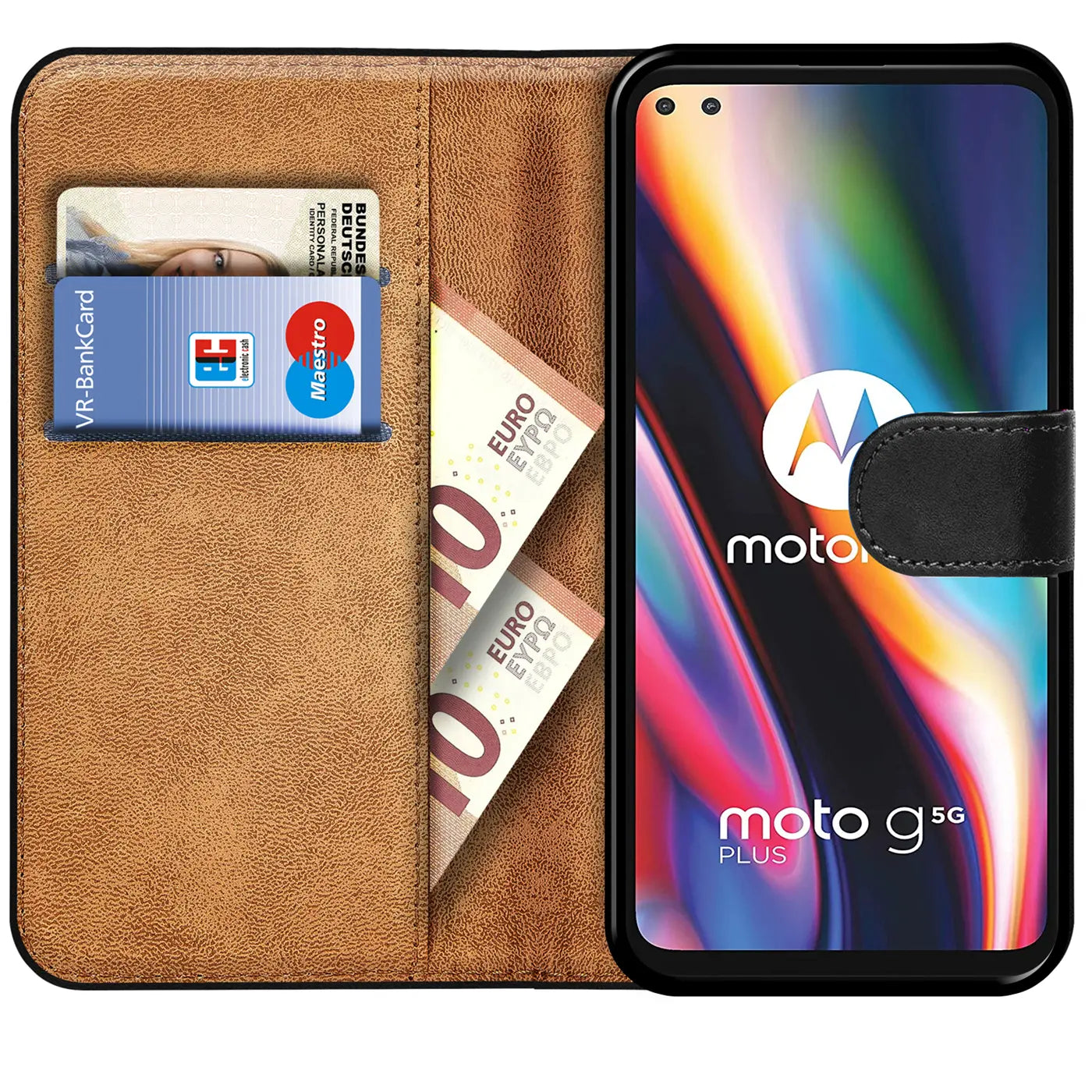 Braune Leder-Klapphülle mit Kartenfächern und Motorola Moto G 5G Plus, von vorne