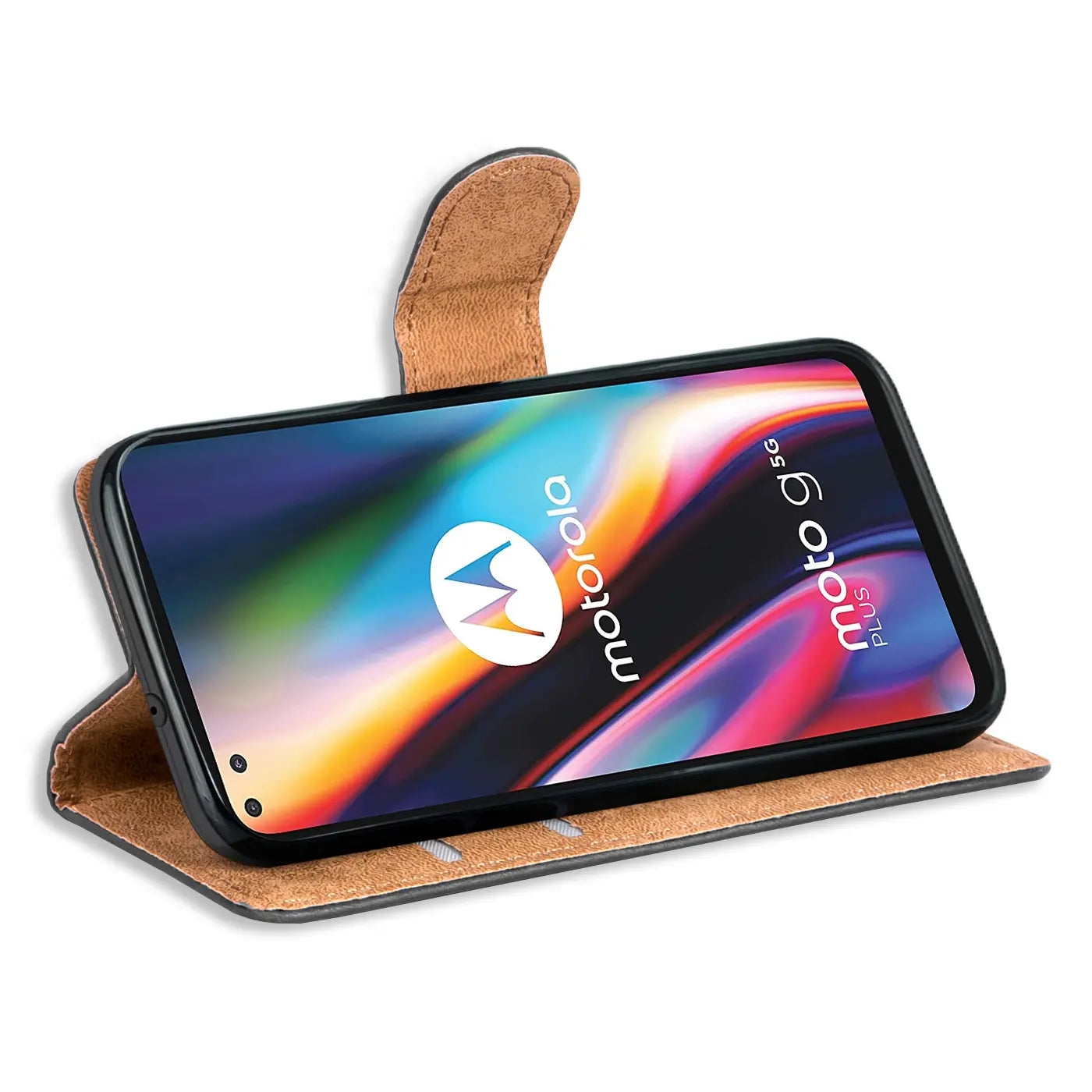 Braune Kunstleder-Klapphülle mit Kartenfächern, zeigt Motorola Moto G 5G Plus.