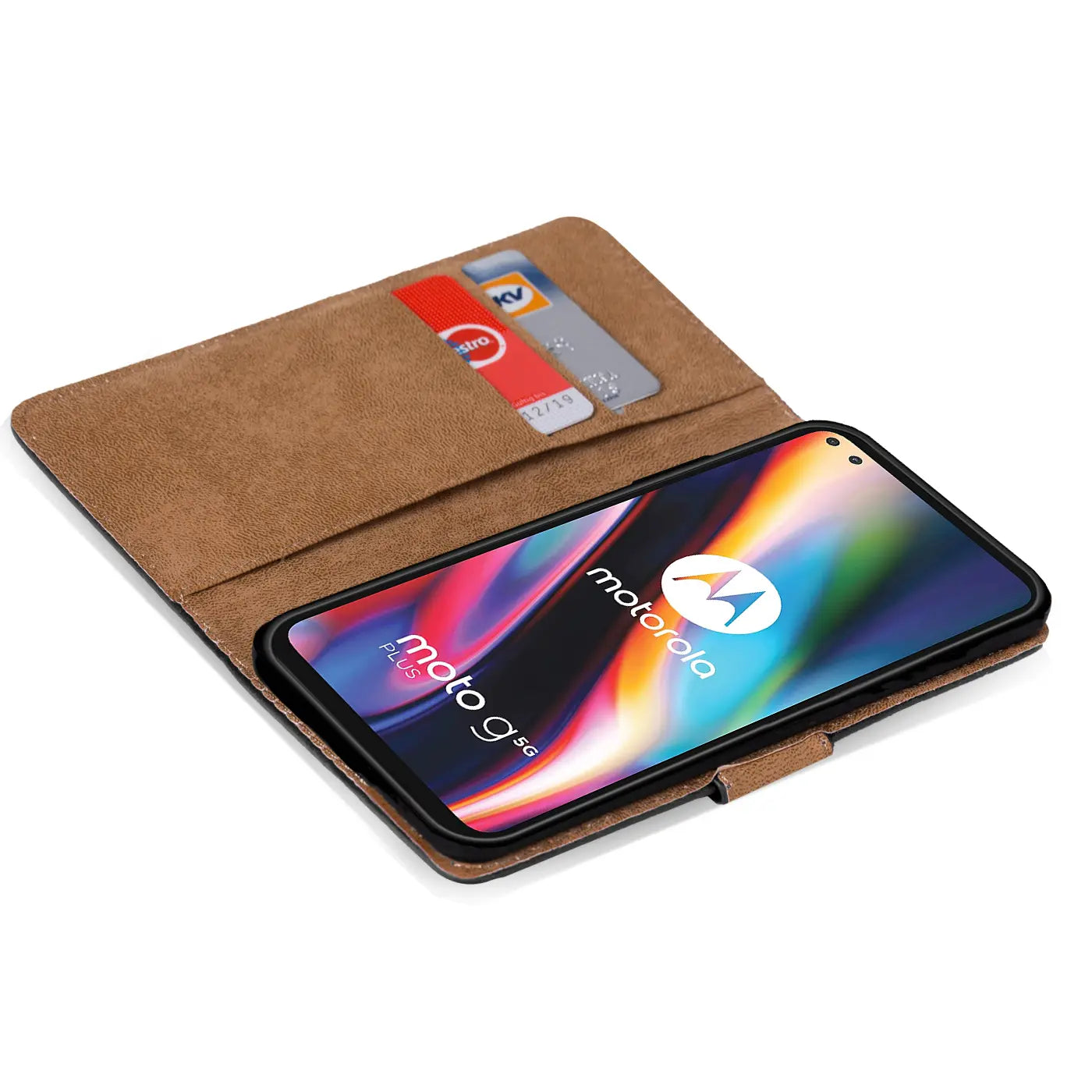 Braune Kunstleder-Klapphülle mit Kartenfächern, zeigt Motorola Moto G 5G Plus.