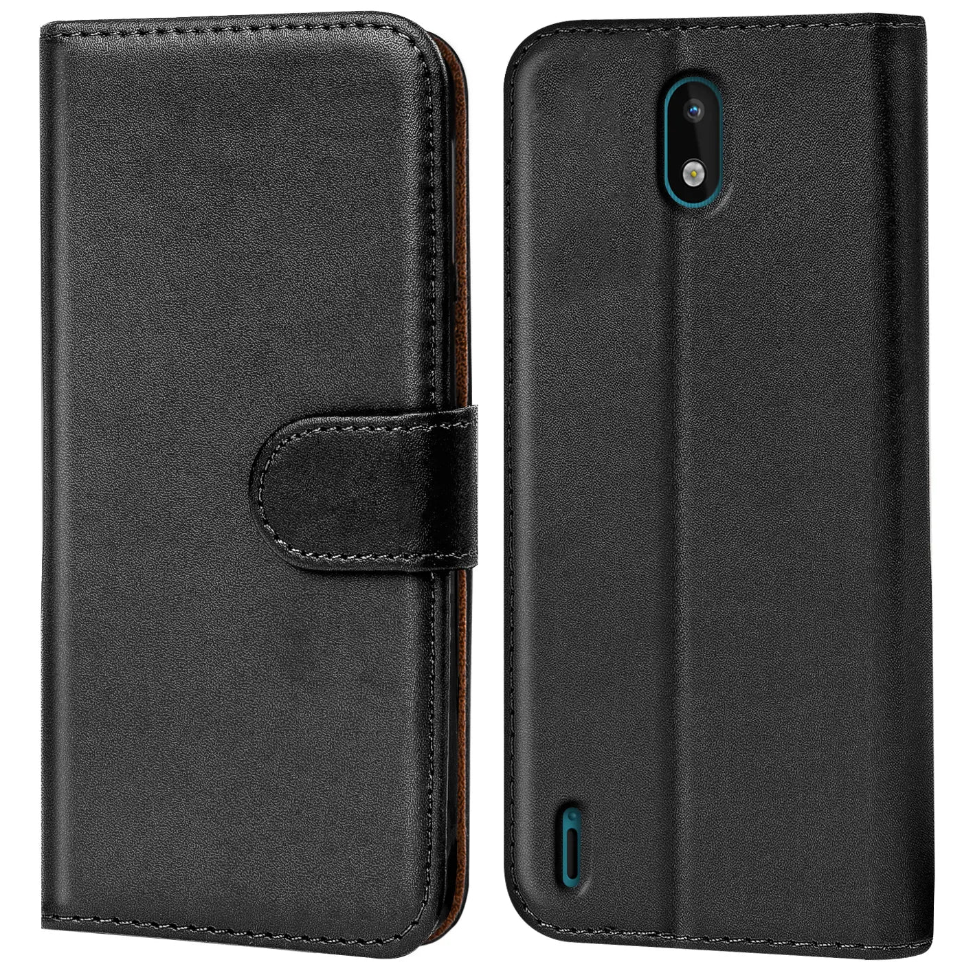 Schwarze Leder-Klapphülle mit Kartenfächern für Nokia 1.3, Vorder- und Rückansicht.