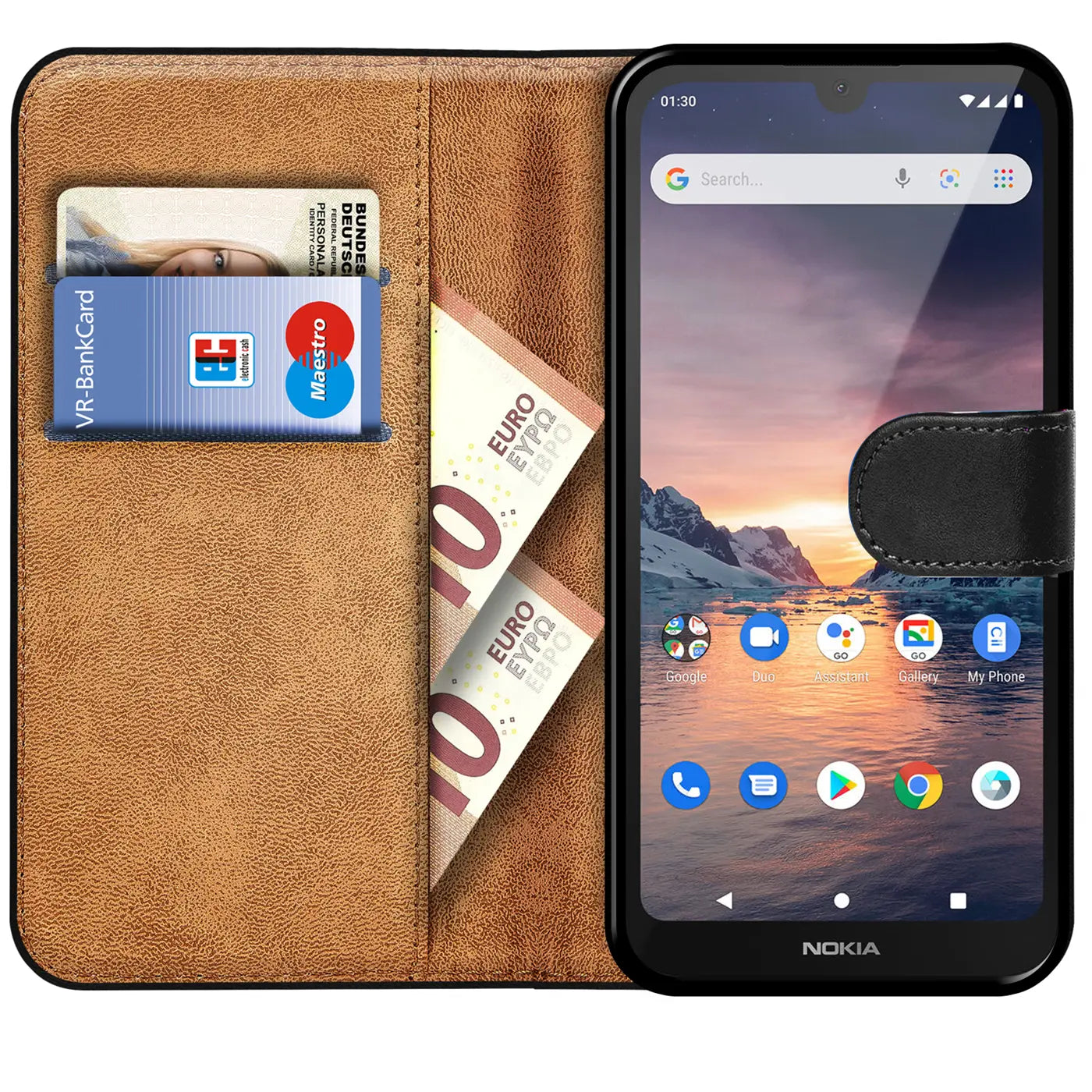 Braune Leder-Klapphülle mit Kartenfächern und Geldscheinen, zeigt Nokia 1.3, von vorne