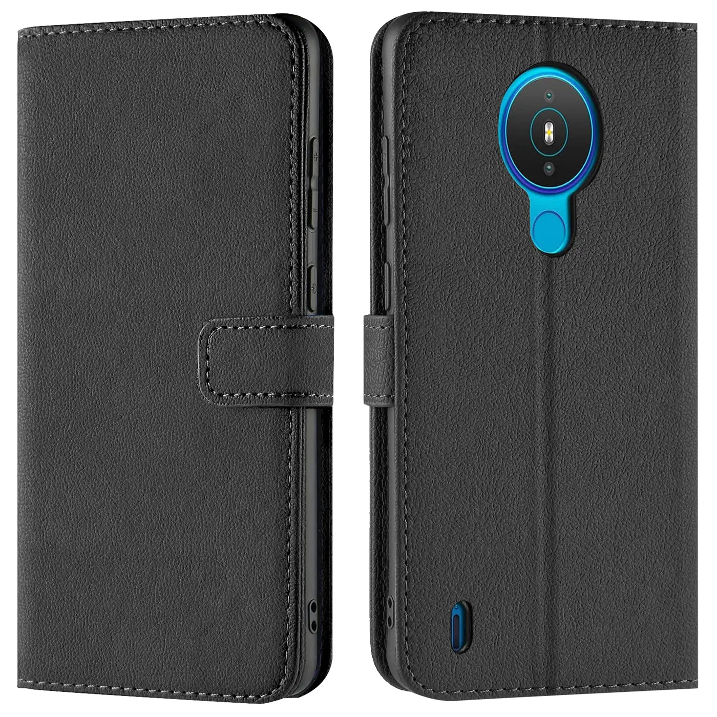 Schwarze Kunstleder-Klapphülle mit Kartenfächern, Vorder- und Rückansicht, Nokia 1.4 erkennbar.